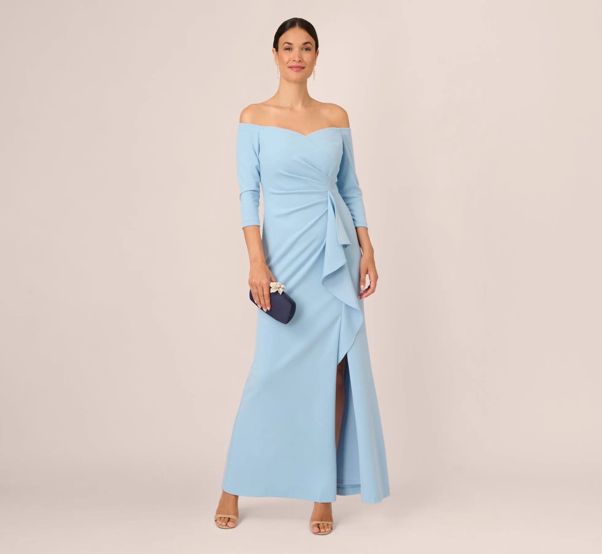 Off The Shoulder Cascading Ruffle Gown In Blue Mist sold by Adrianna Papell product image thumbnail 2