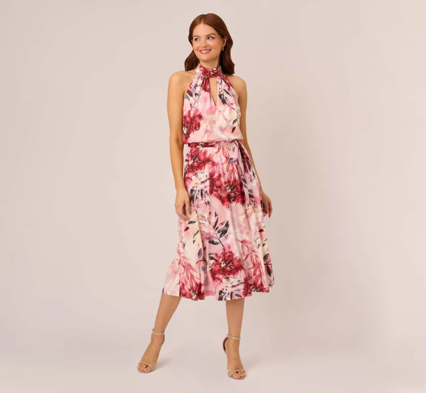 Floral Chiffon Midi Dress With Cutout Halter Neckline In Pink Multi sold by Adrianna Papell