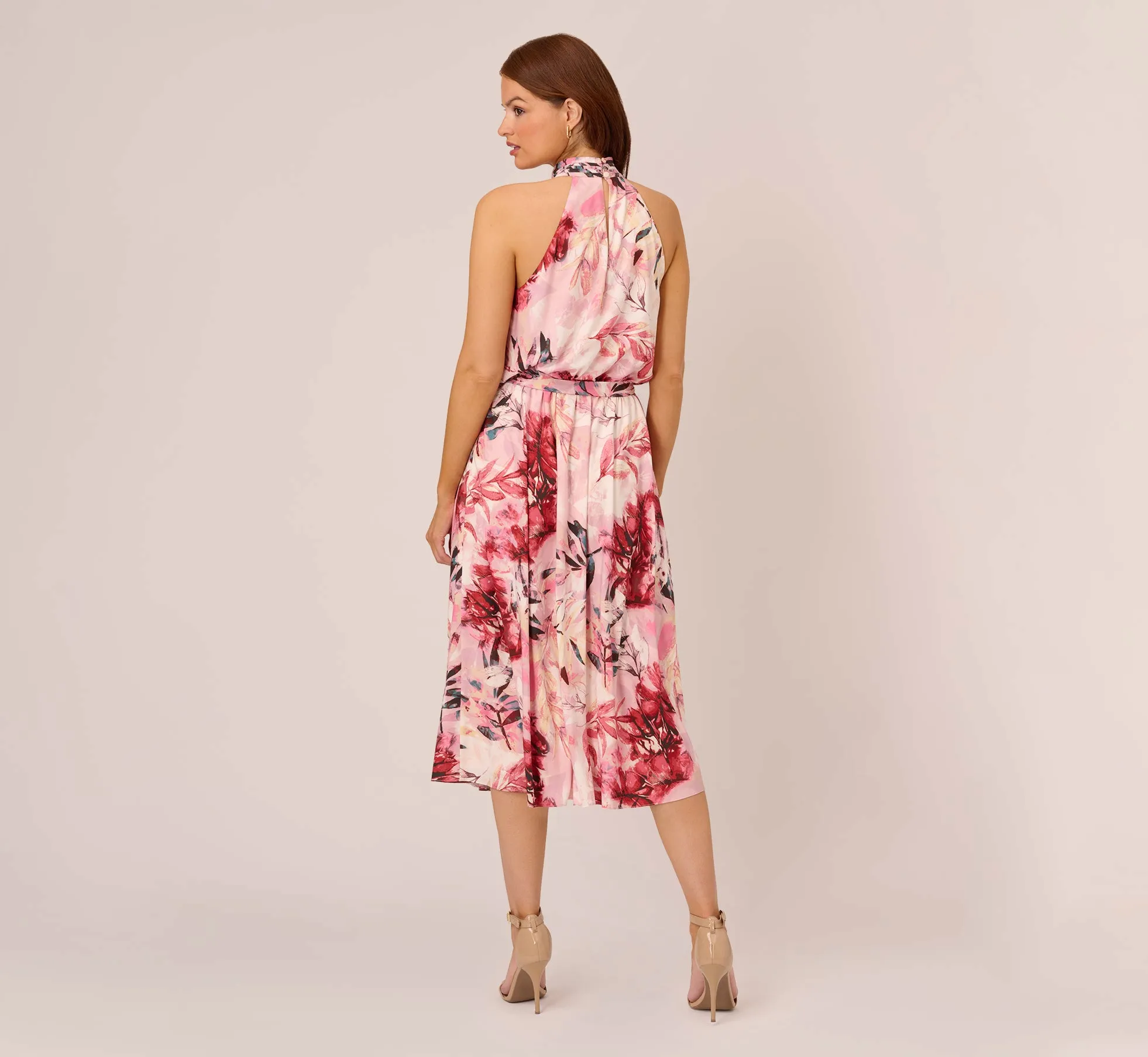 Floral Chiffon Midi Dress With Cutout Halter Neckline In Pink Multi sold by Adrianna Papell product image thumbnail 4