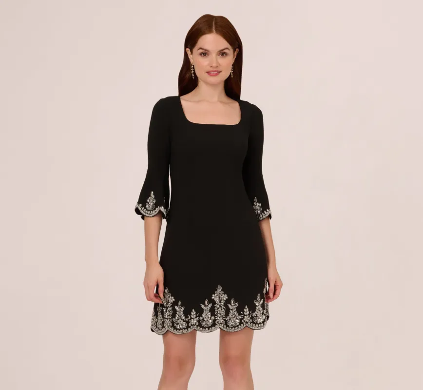 Beaded Three Quarter Sleeve Crepe Dress With Scallop Edges In Black sold by Adrianna Papell