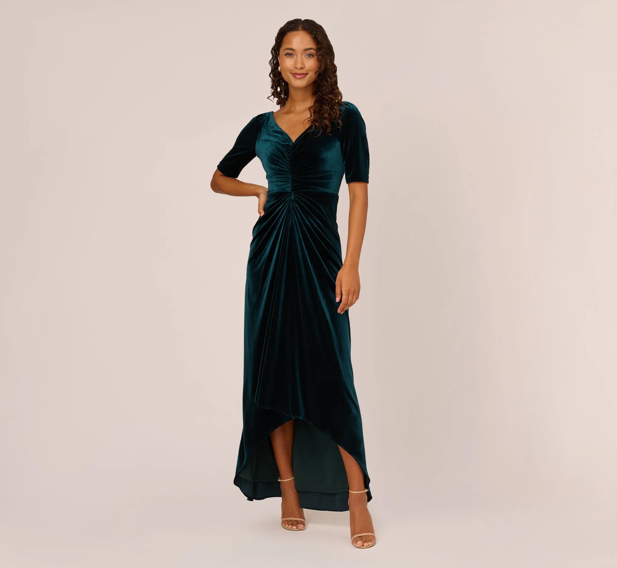 Shirred Velvet Gown With Elbow-Length Sleeves In Emerald sold by Adrianna Papell