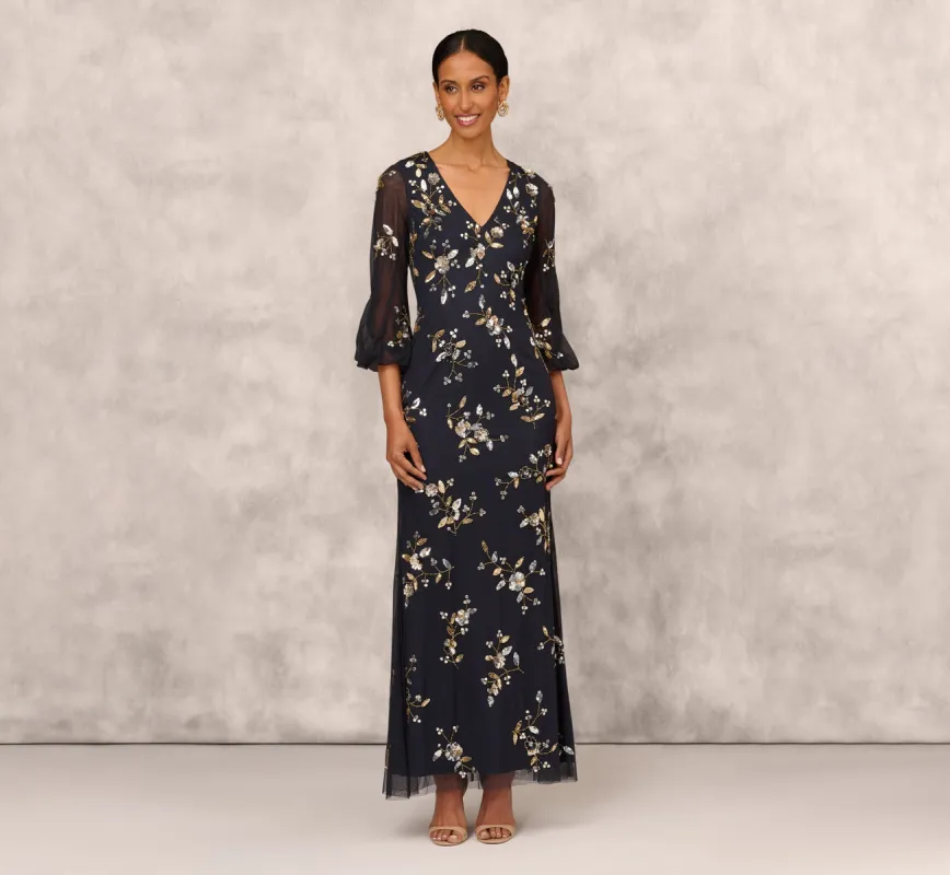 Floral Sequin Beaded Gown With Three-Quarter Length Bell Sleeves In Twilight sold by Adrianna Papell