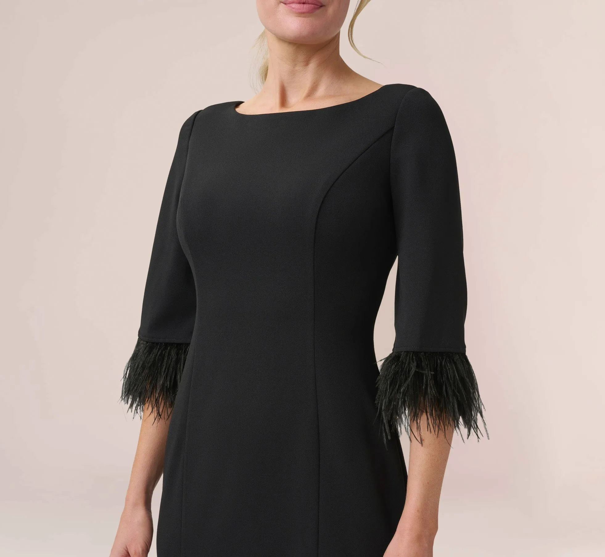 Crepe Sheath Dress With V-Back And Feather-Trim Sleeves In Black sold by Adrianna Papell product image thumbnail 3