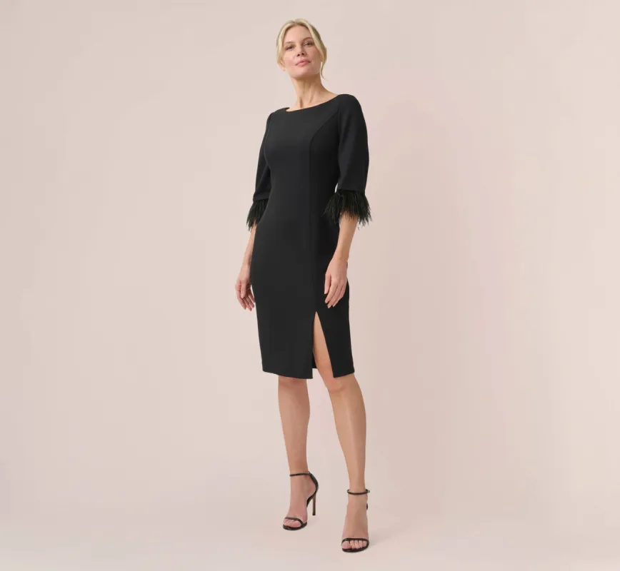 Crepe Sheath Dress With V-Back And Feather-Trim Sleeves In Black sold by Adrianna Papell