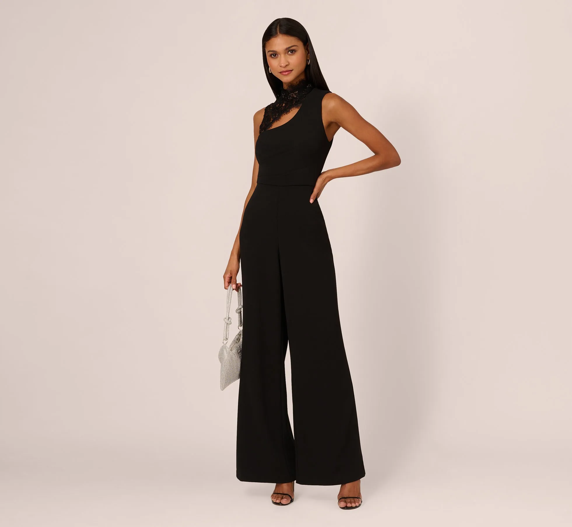 Sleeveless Wide Leg Jumpsuit With Lace Neckline In Black sold by Adrianna Papell product image thumbnail 2