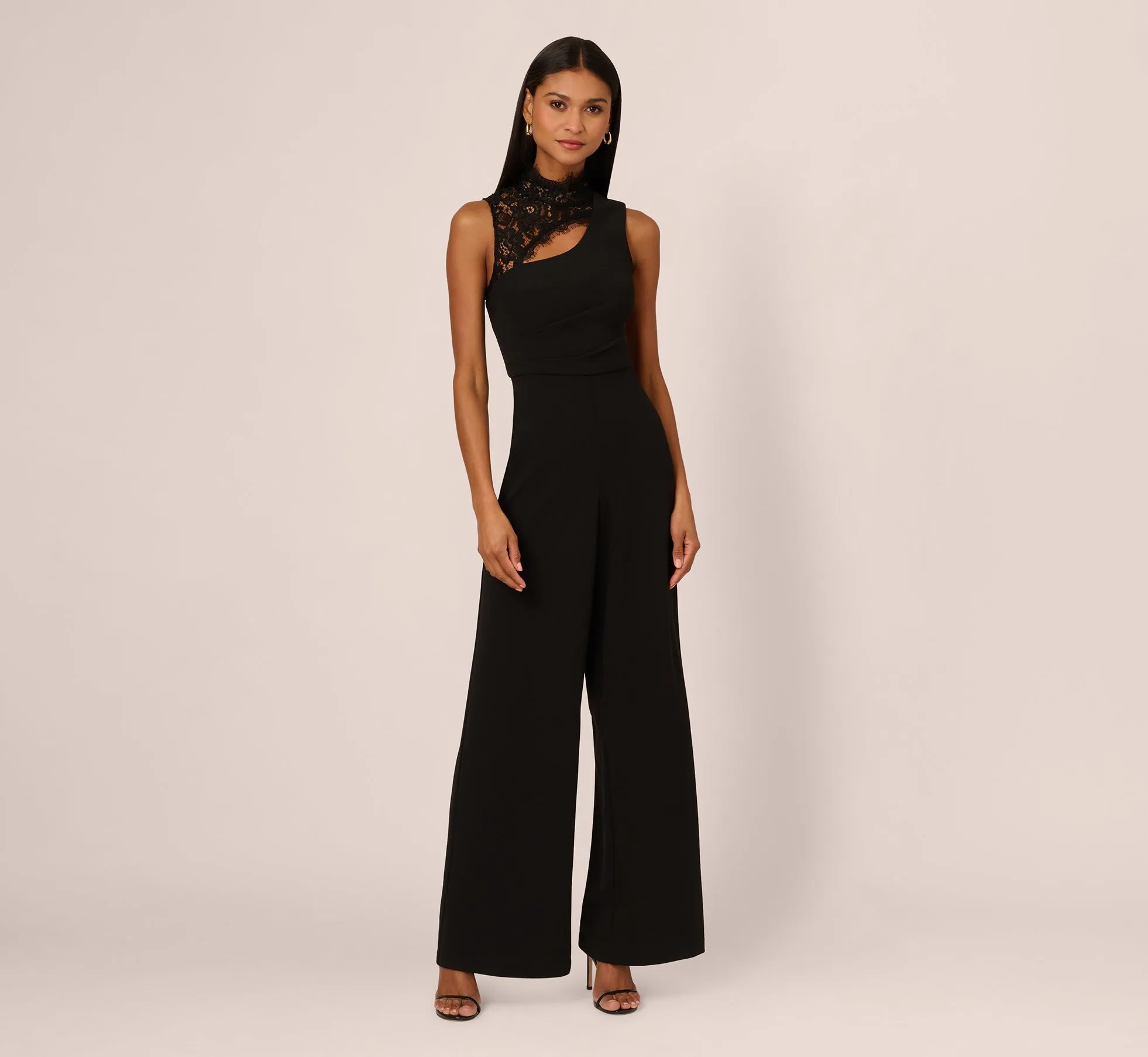 Sleeveless Wide Leg Jumpsuit With Lace Neckline In Black sold by Adrianna Papell