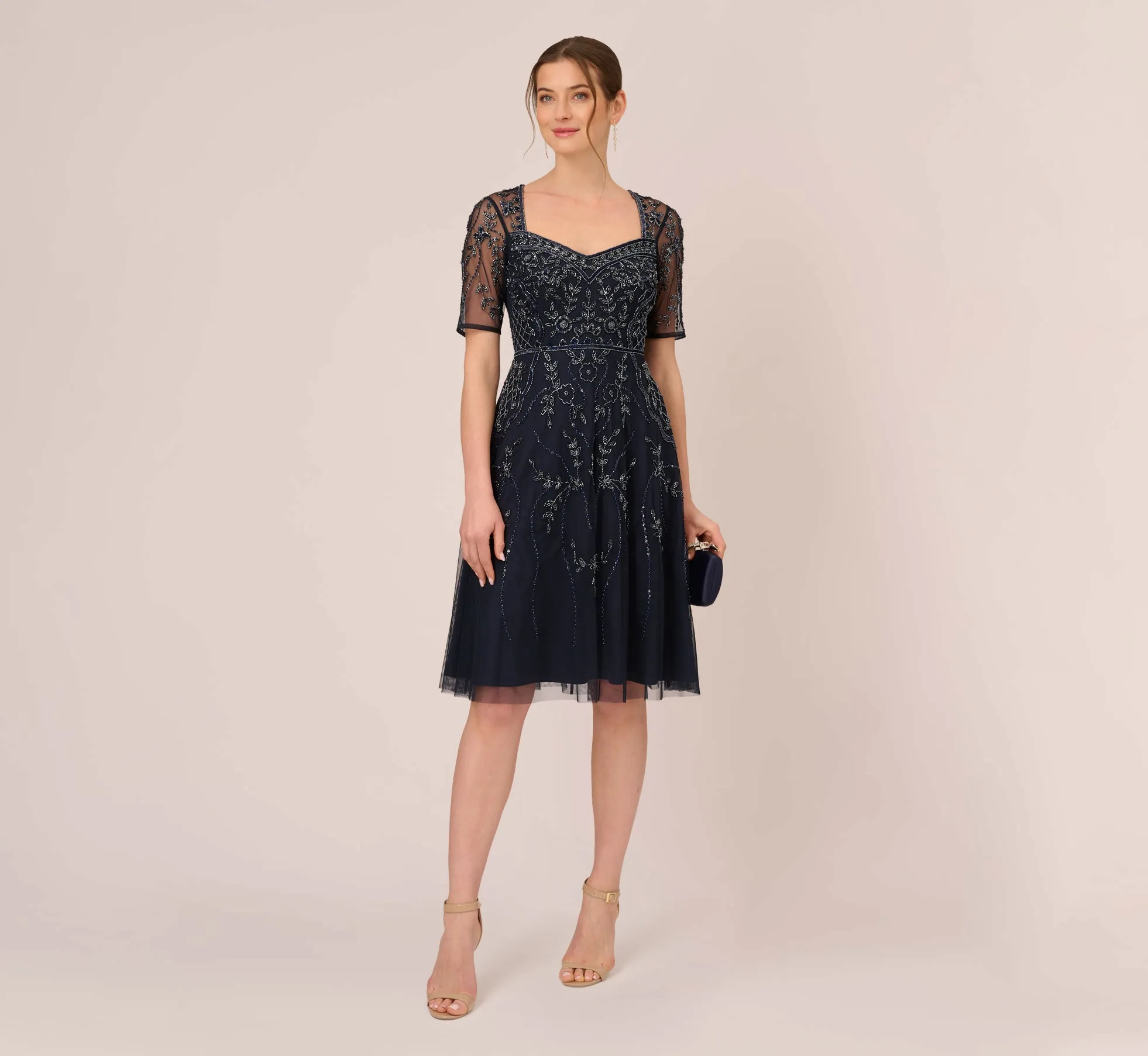 Beaded Midi Dress With Sheer Short Sleeves In Midnight sold by Adrianna Papell product image thumbnail 2