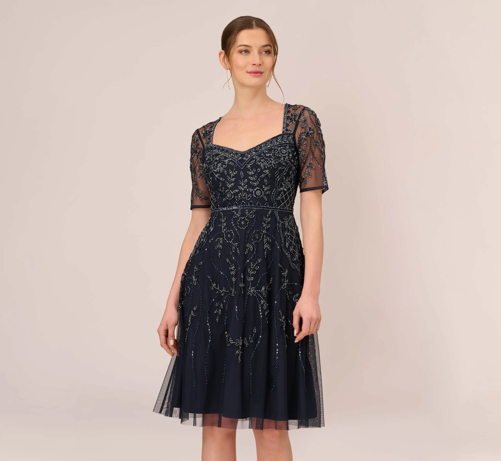 Beaded Midi Dress With Sheer Short Sleeves In Midnight sold by Adrianna Papell