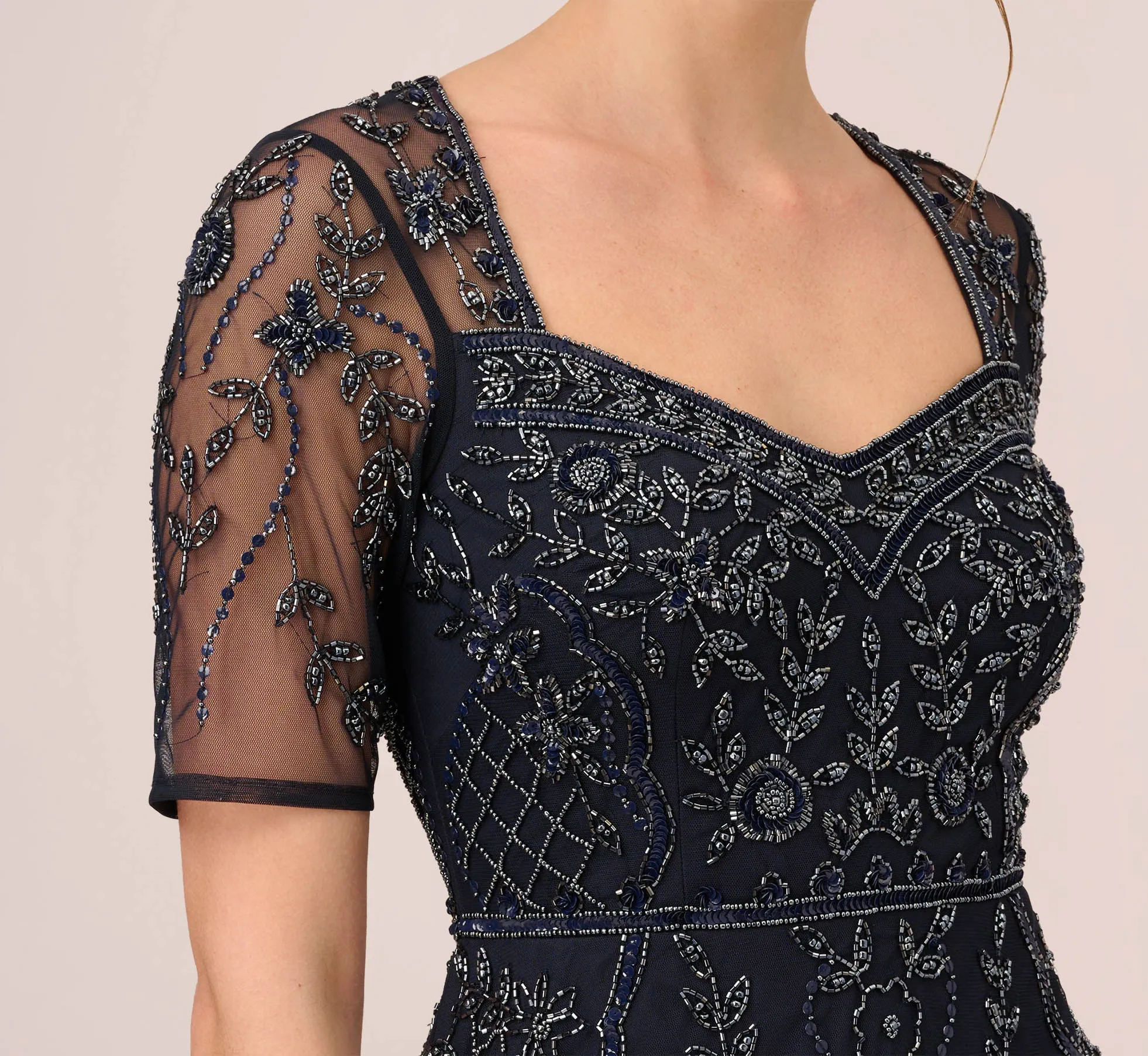 Beaded Midi Dress With Sheer Short Sleeves In Midnight sold by Adrianna Papell product image thumbnail 3