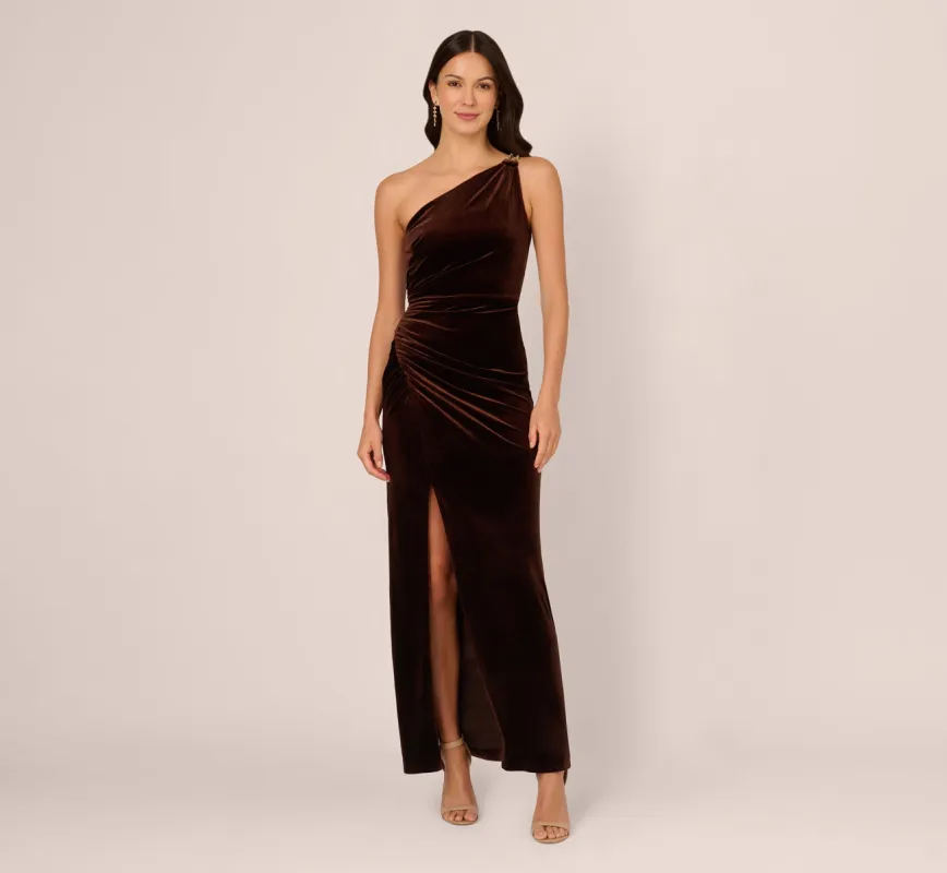 One Shoulder Draped Velvet Gown With Chain Accent In Dark Brown sold by Adrianna Papell