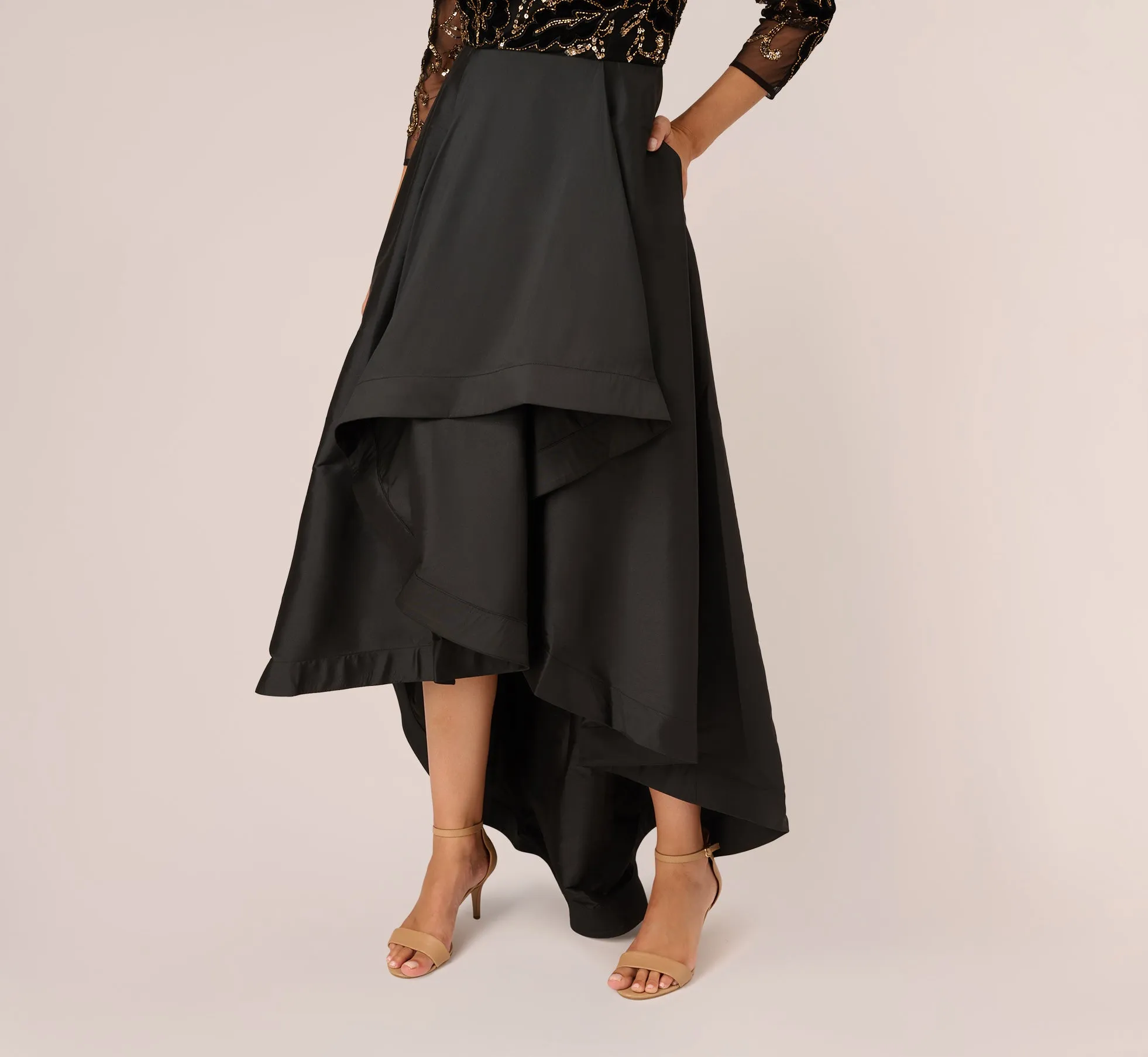 Beaded Taffeta Ball Gown With Three-Quarter Sleeves In Black Gold sold by Adrianna Papell product image thumbnail 5