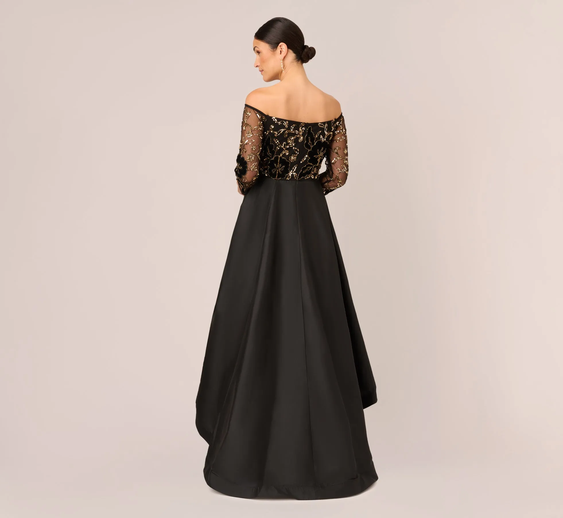Beaded Taffeta Ball Gown With Three-Quarter Sleeves In Black Gold sold by Adrianna Papell product image thumbnail 4