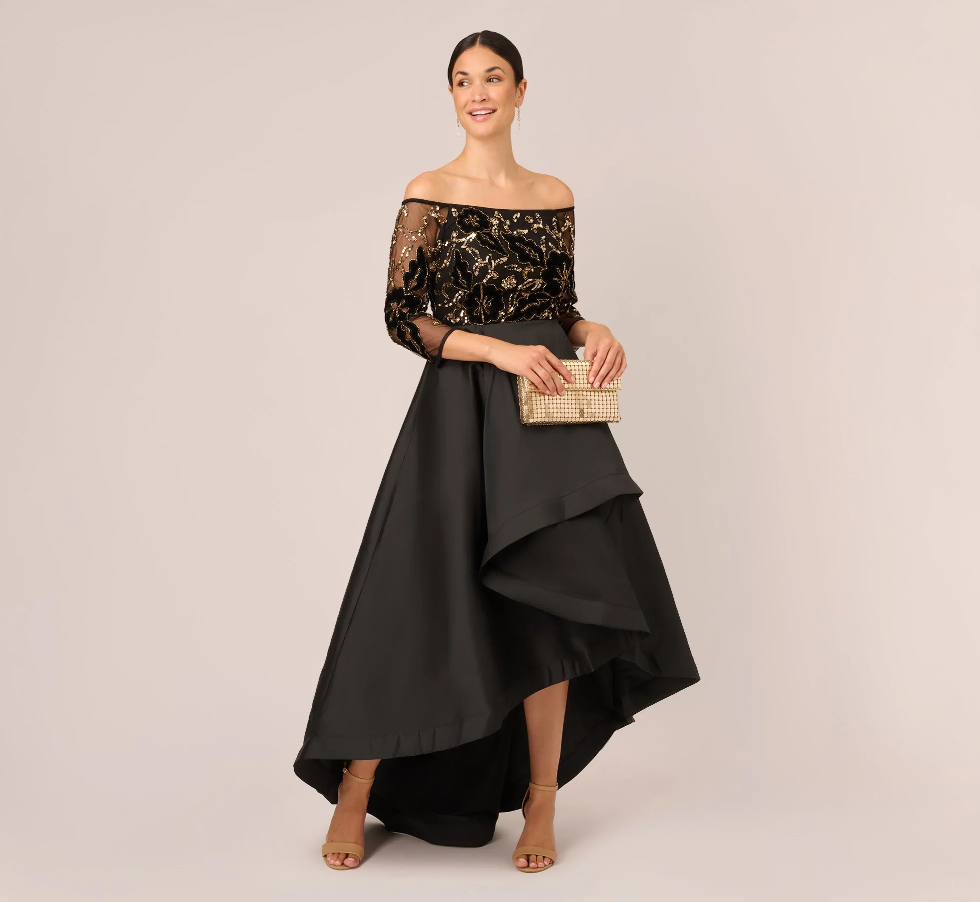 Beaded Taffeta Ball Gown With Three-Quarter Sleeves In Black Gold sold by Adrianna Papell product image thumbnail 2