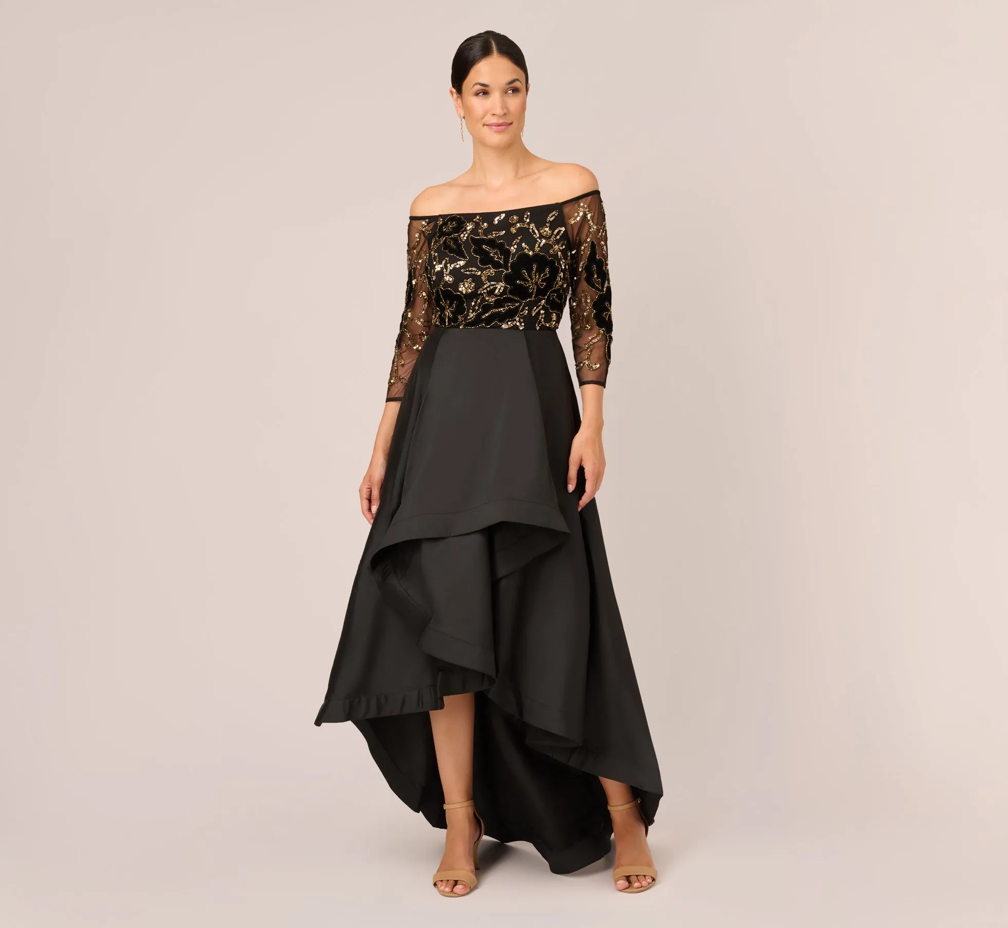 Beaded Taffeta Ball Gown With Three-Quarter Sleeves In Black Gold sold by Adrianna Papell