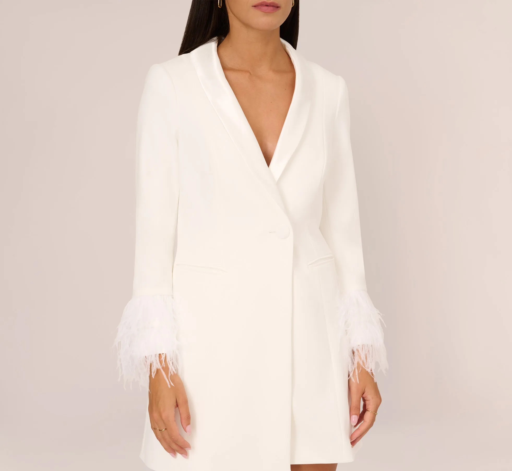 Knit Crepe Long Sleeve Blazer Dress With Feather Trim In Ivory sold by Adrianna Papell product image thumbnail 4
