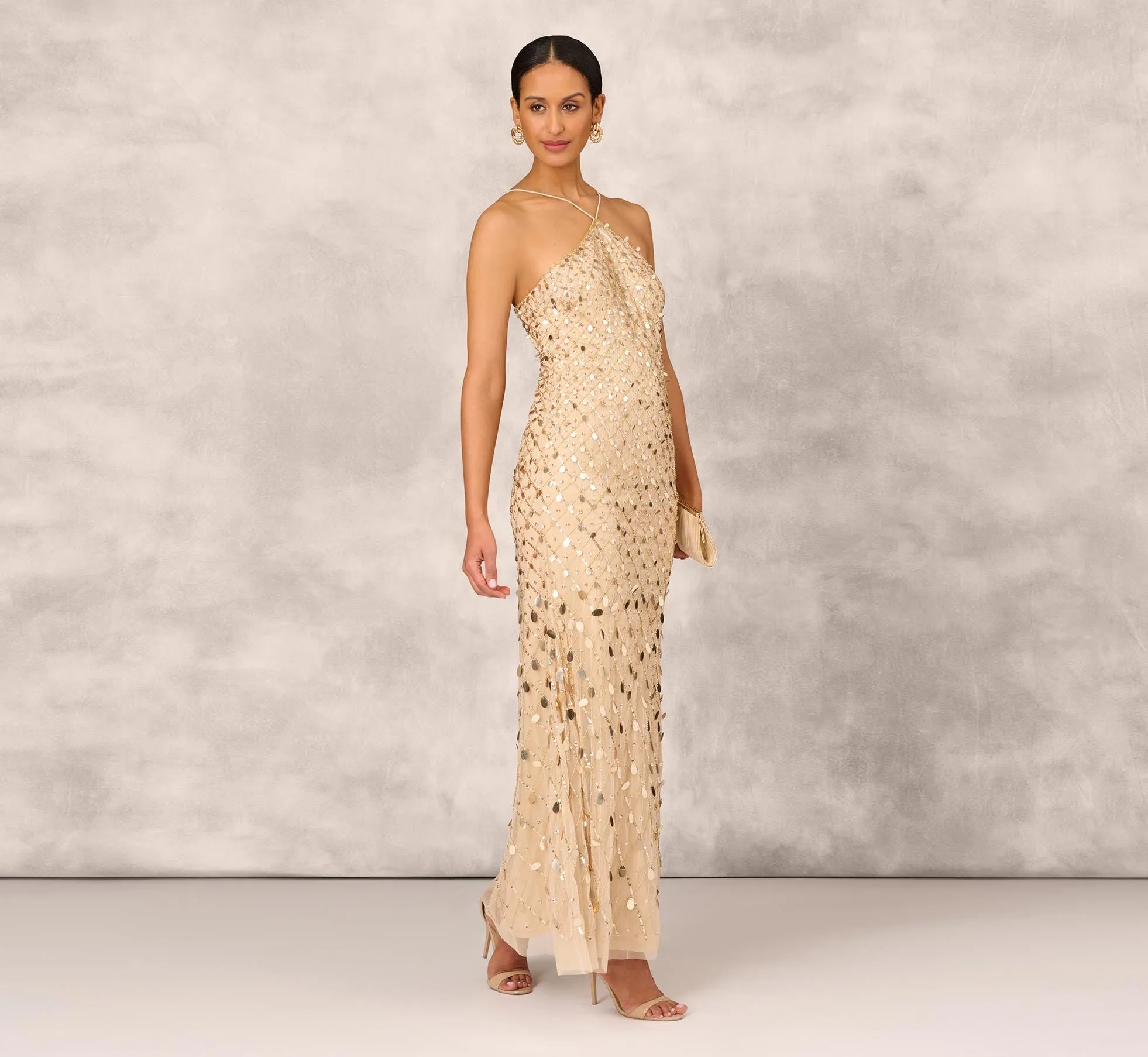 Sequin Beaded Mermaid Gown With Halter Neckline In Gold sold by Adrianna Papell product image thumbnail 2