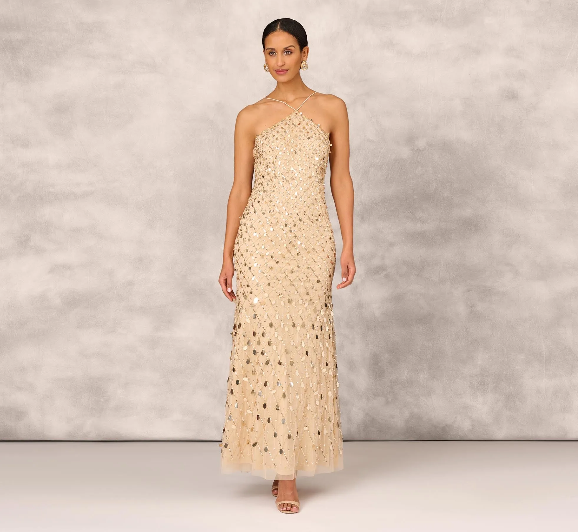Sequin Beaded Mermaid Gown With Halter Neckline In Gold sold by Adrianna Papell