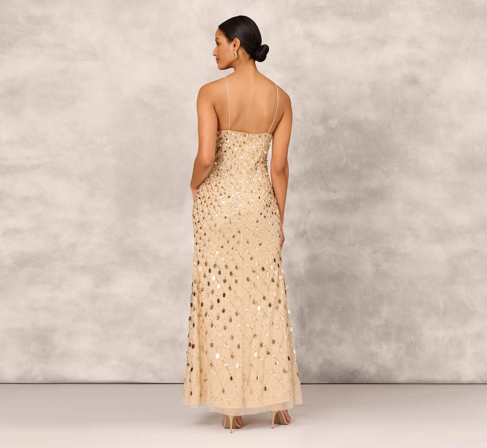 Sequin Beaded Mermaid Gown With Halter Neckline In Gold sold by Adrianna Papell product image thumbnail 3