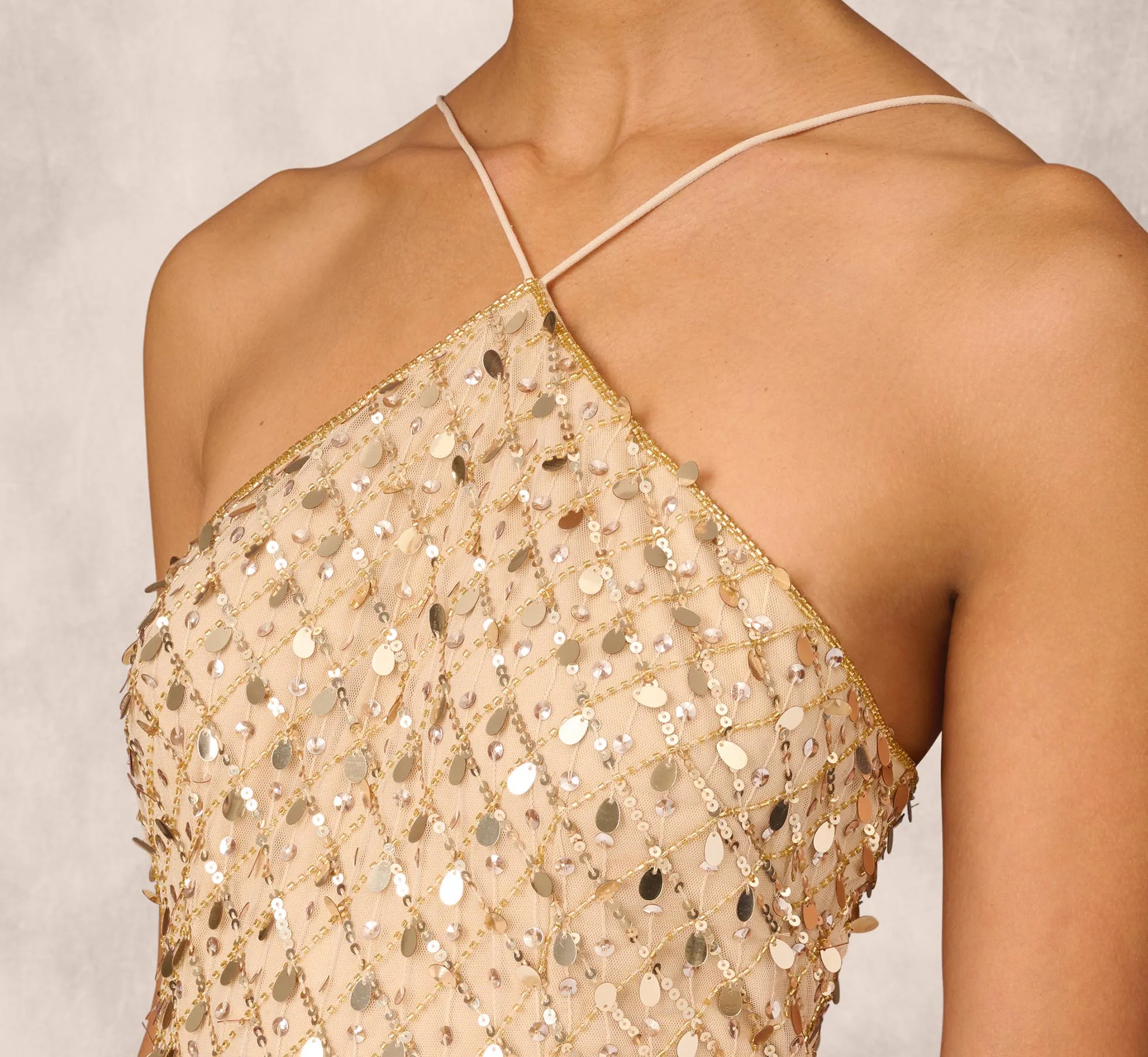Sequin Beaded Mermaid Gown With Halter Neckline In Gold sold by Adrianna Papell product image thumbnail 5