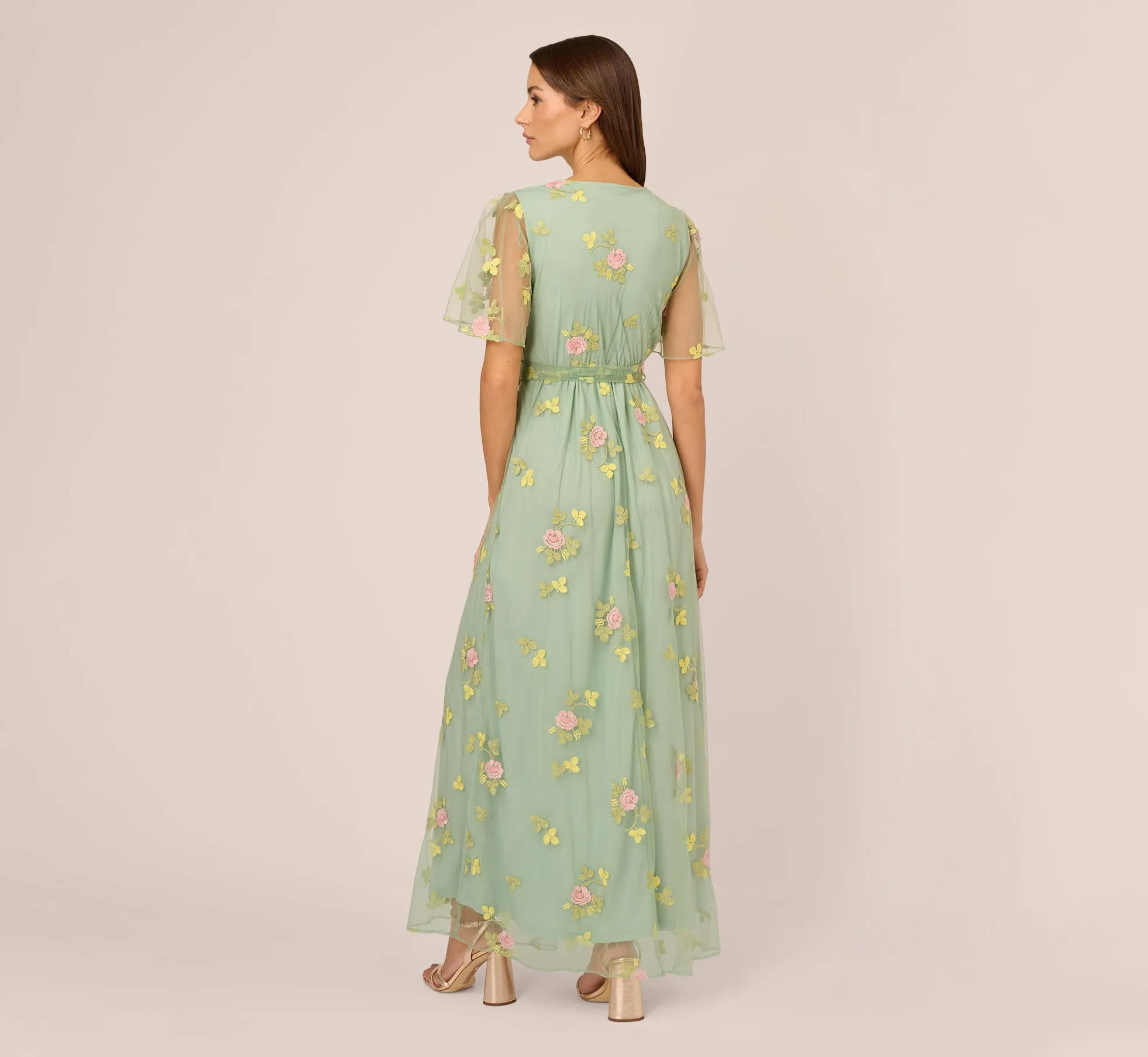 Floral Embroidered Maxi Dress With Sheer Flutter Sleeves In Sage Multi sold by Adrianna Papell product image thumbnail 4