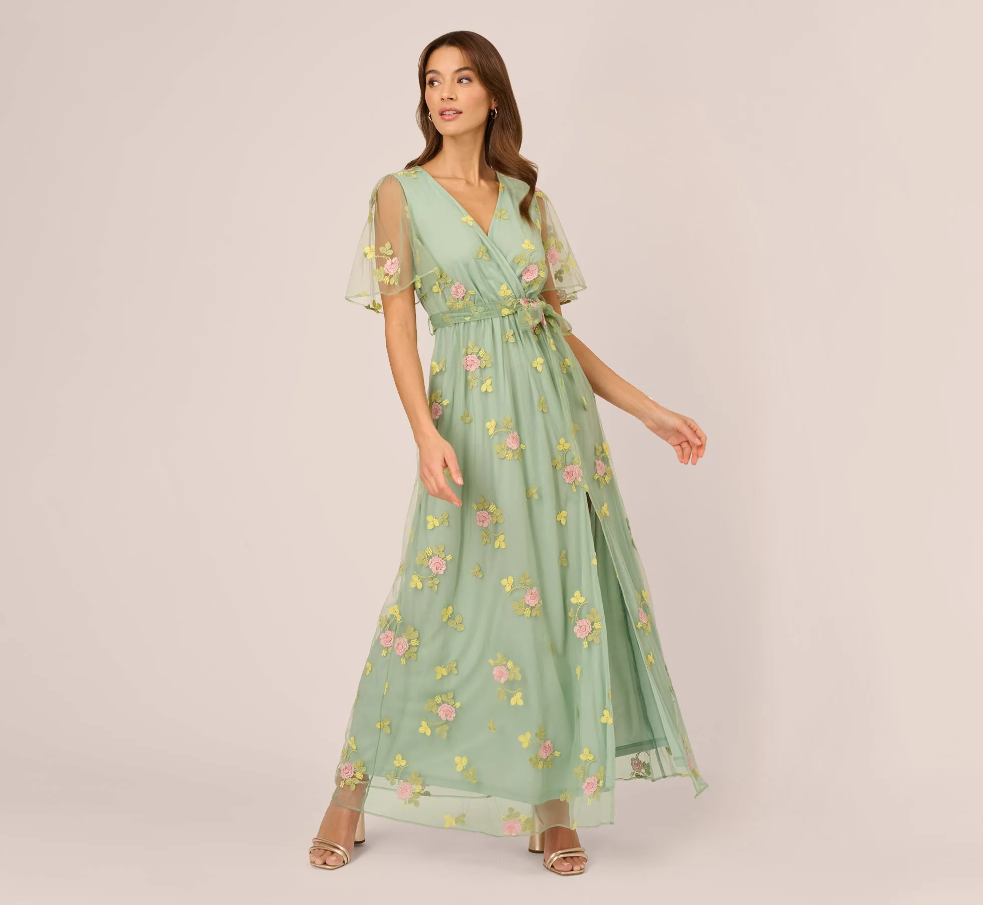 Floral Embroidered Maxi Dress With Sheer Flutter Sleeves In Sage Multi sold by Adrianna Papell