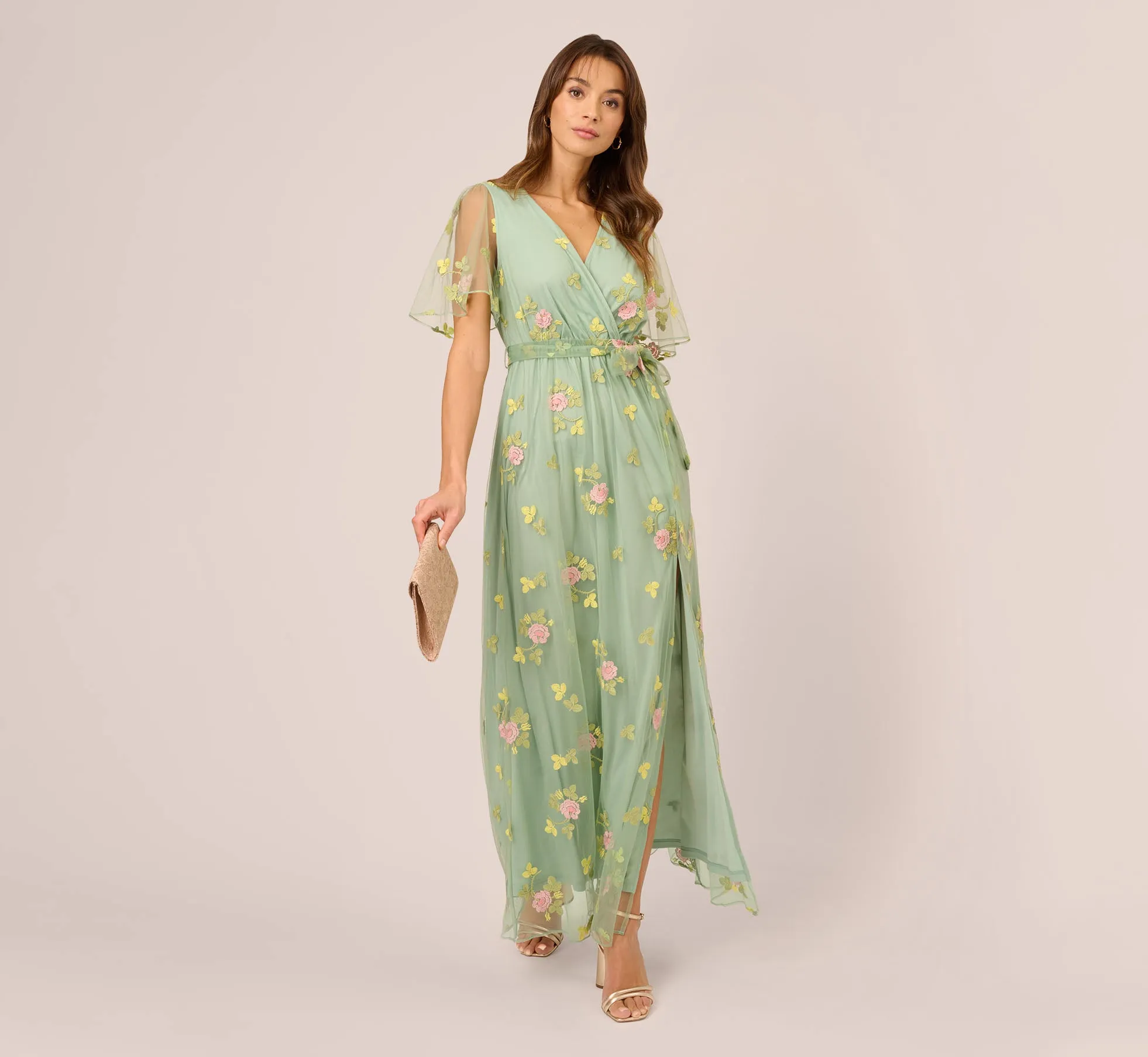 Floral Embroidered Maxi Dress With Sheer Flutter Sleeves In Sage Multi sold by Adrianna Papell product image thumbnail 2