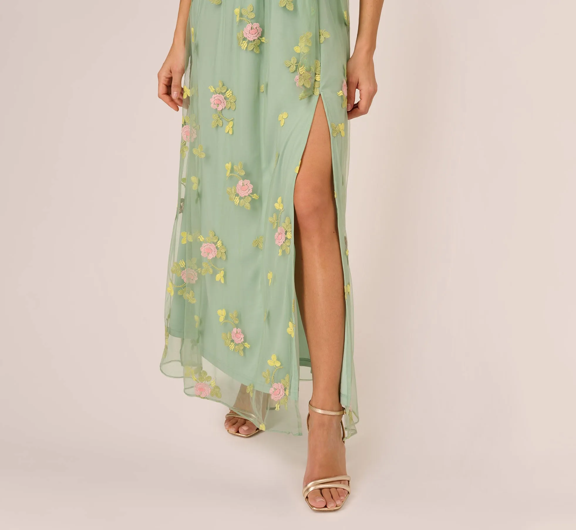 Floral Embroidered Maxi Dress With Sheer Flutter Sleeves In Sage Multi sold by Adrianna Papell product image thumbnail 5
