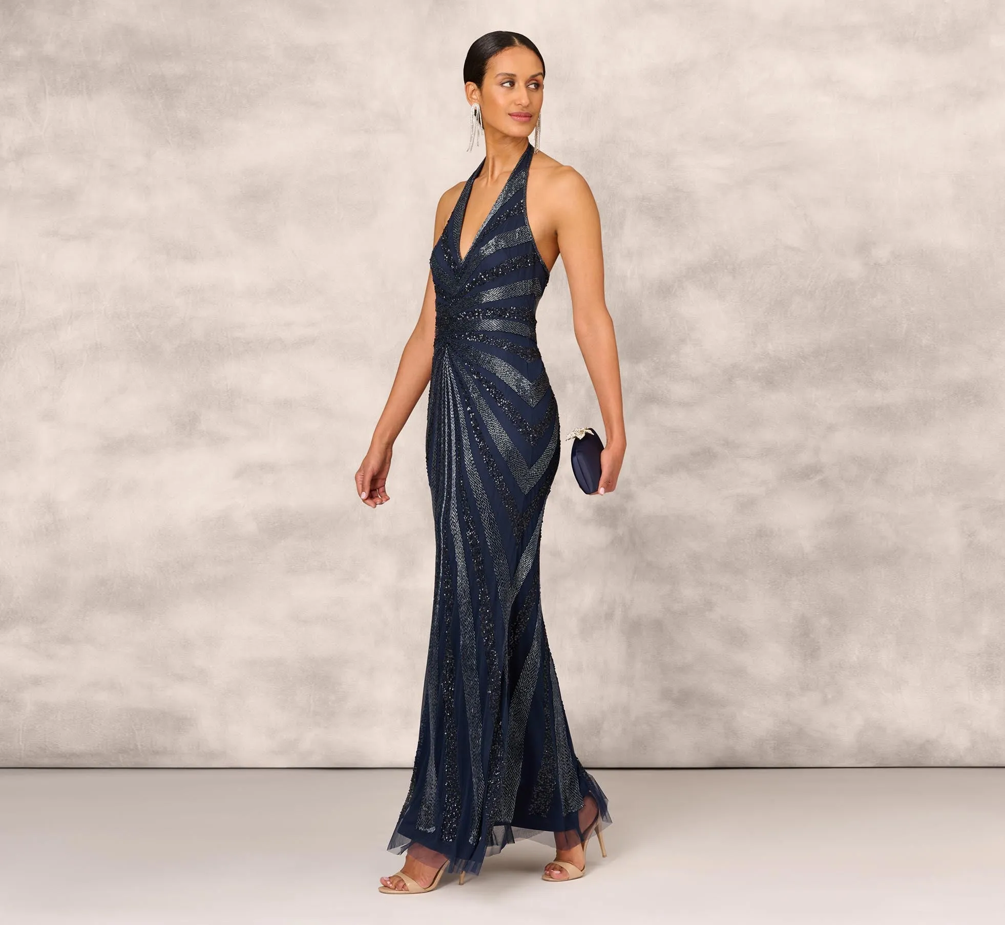 Dazzling Beaded Halter Gown With Deep V-Neckline In Navy sold by Adrianna Papell product image thumbnail 2
