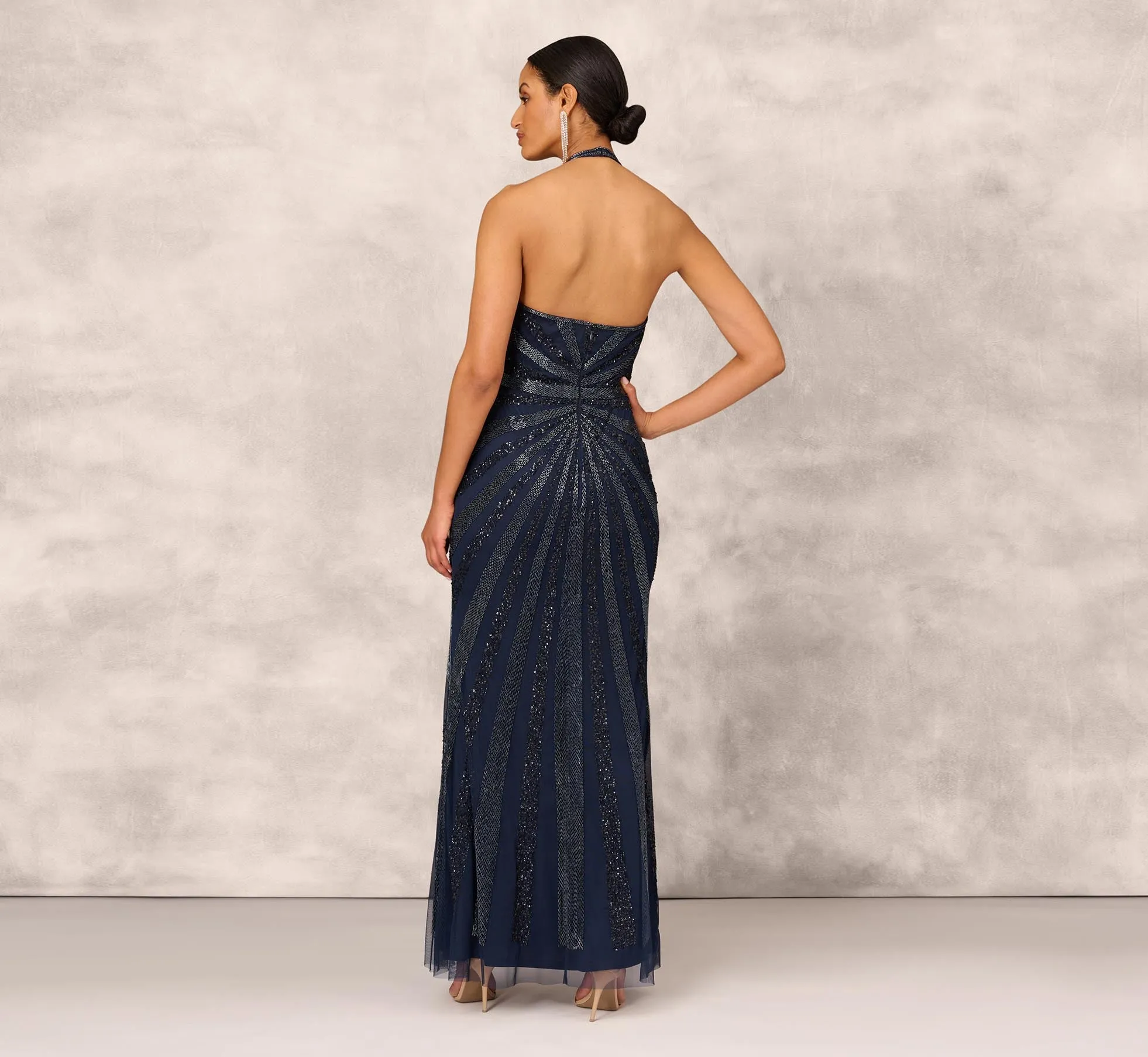 Dazzling Beaded Halter Gown With Deep V-Neckline In Navy sold by Adrianna Papell product image thumbnail 4