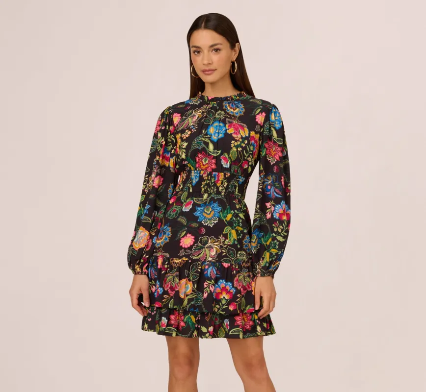 Floral Print Dress With Long Bishop Sleeves In Black Multi sold by Adrianna Papell