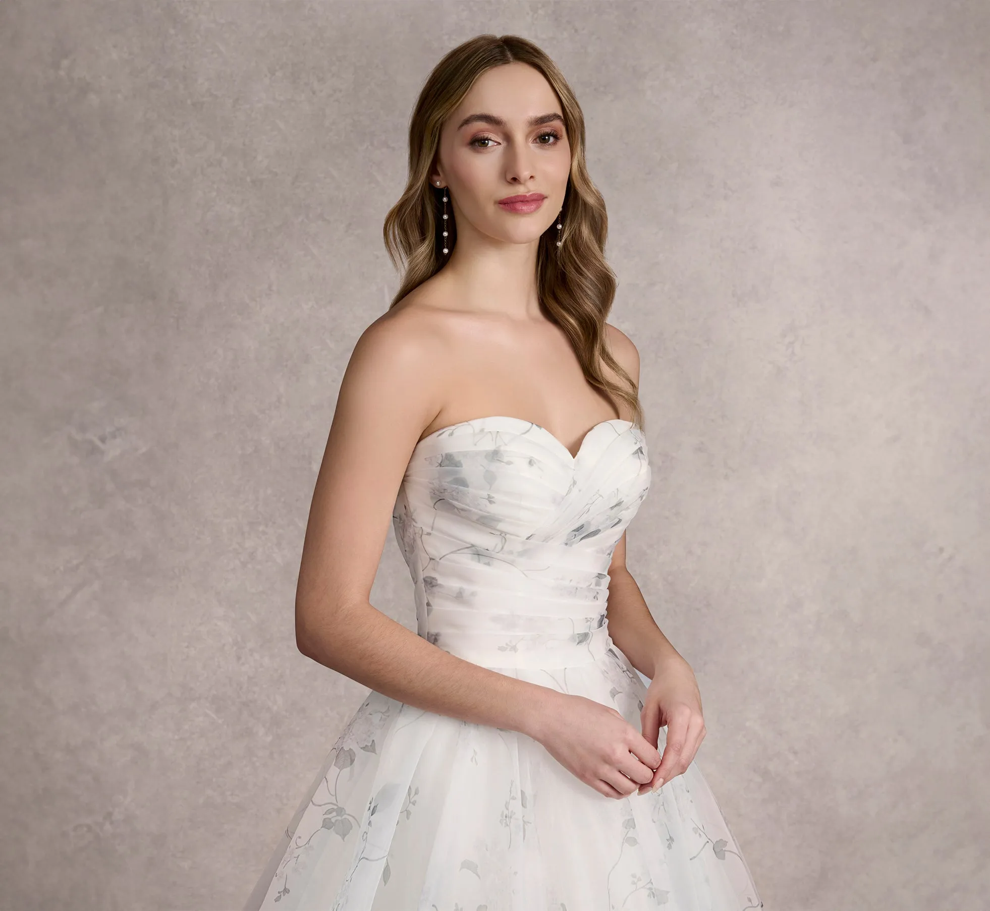 Printed Strapless Organza Ball Gown With Removable Puff Sleeves In Ivory/Ivory/Multi In Ivory Ivory Multi sold by Adrianna Papell product image thumbnail 2