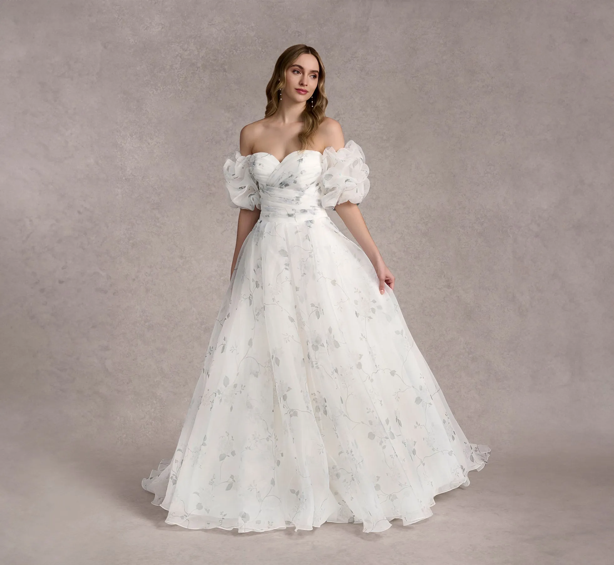 Printed Strapless Organza Ball Gown With Removable Puff Sleeves In Ivory/Ivory/Multi In Ivory Ivory Multi sold by Adrianna Papell