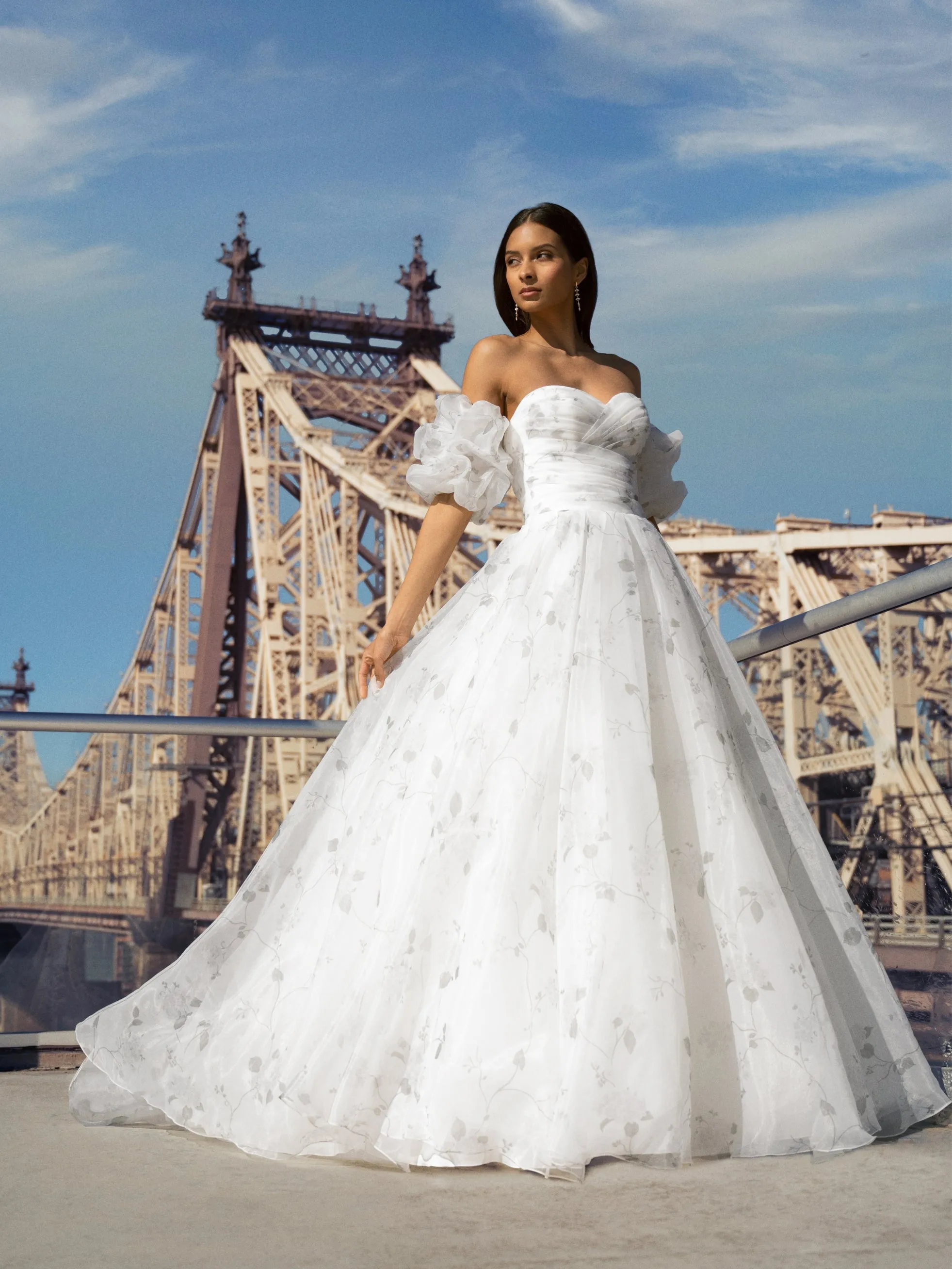 Printed Strapless Organza Ball Gown With Removable Puff Sleeves In Ivory/Ivory/Multi In Ivory Ivory Multi sold by Adrianna Papell product image thumbnail 3