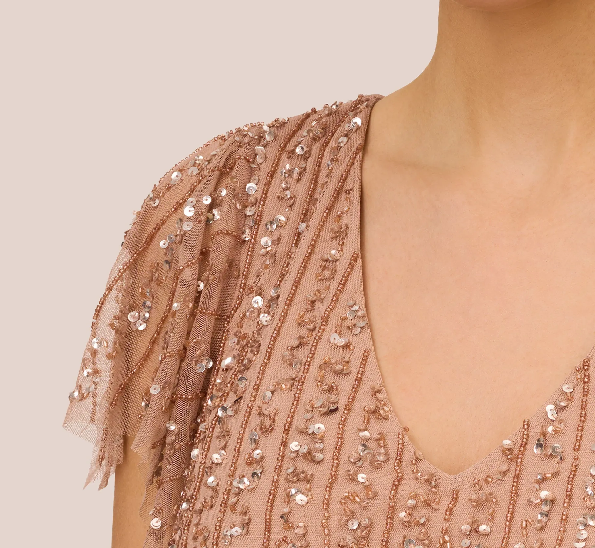 Fleur Beaded Blouson Gown With Sheer Short Sleeves In Rose Gold sold by Adrianna Papell product image thumbnail 5