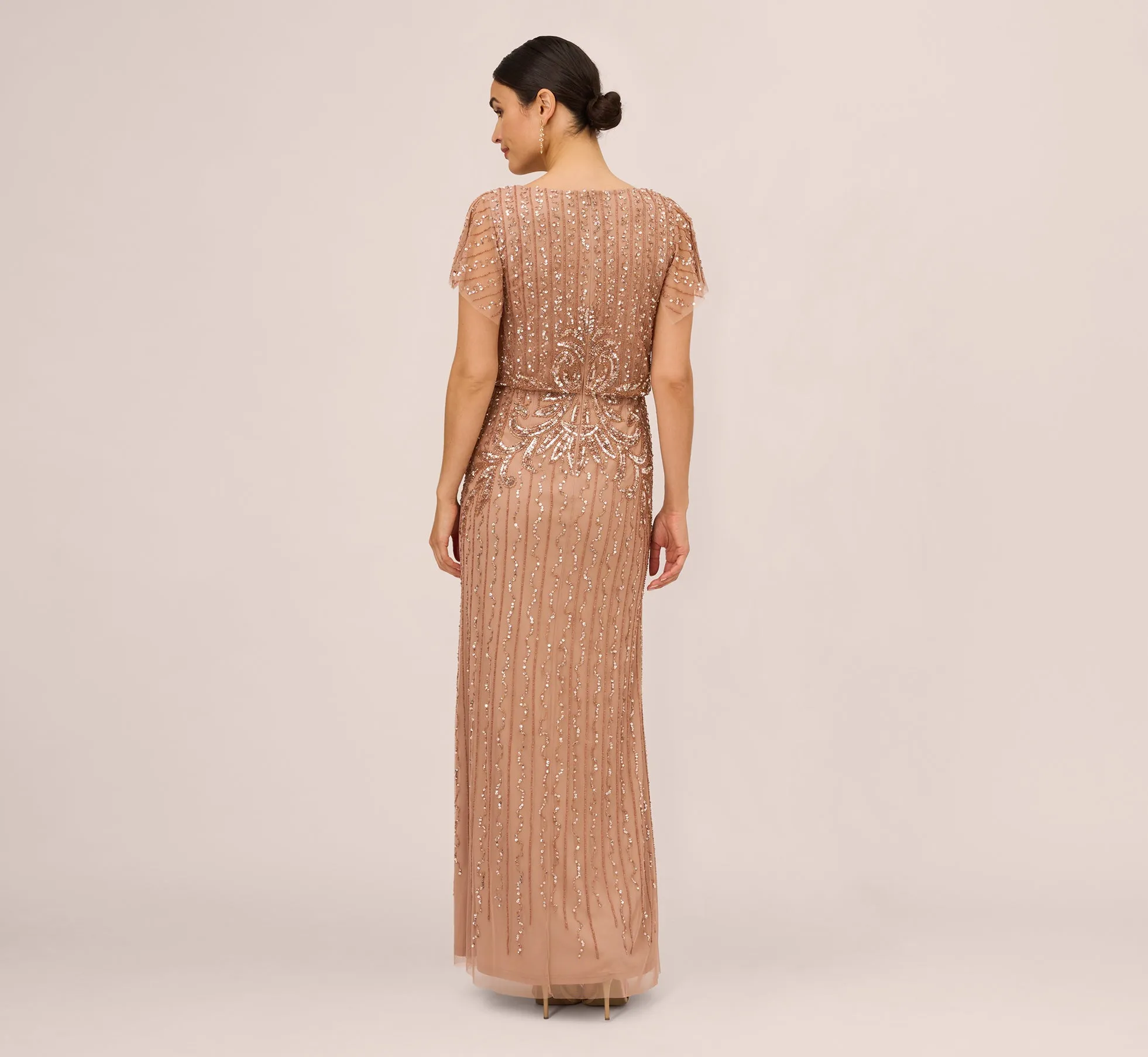 Fleur Beaded Blouson Gown With Sheer Short Sleeves In Rose Gold sold by Adrianna Papell product image thumbnail 4