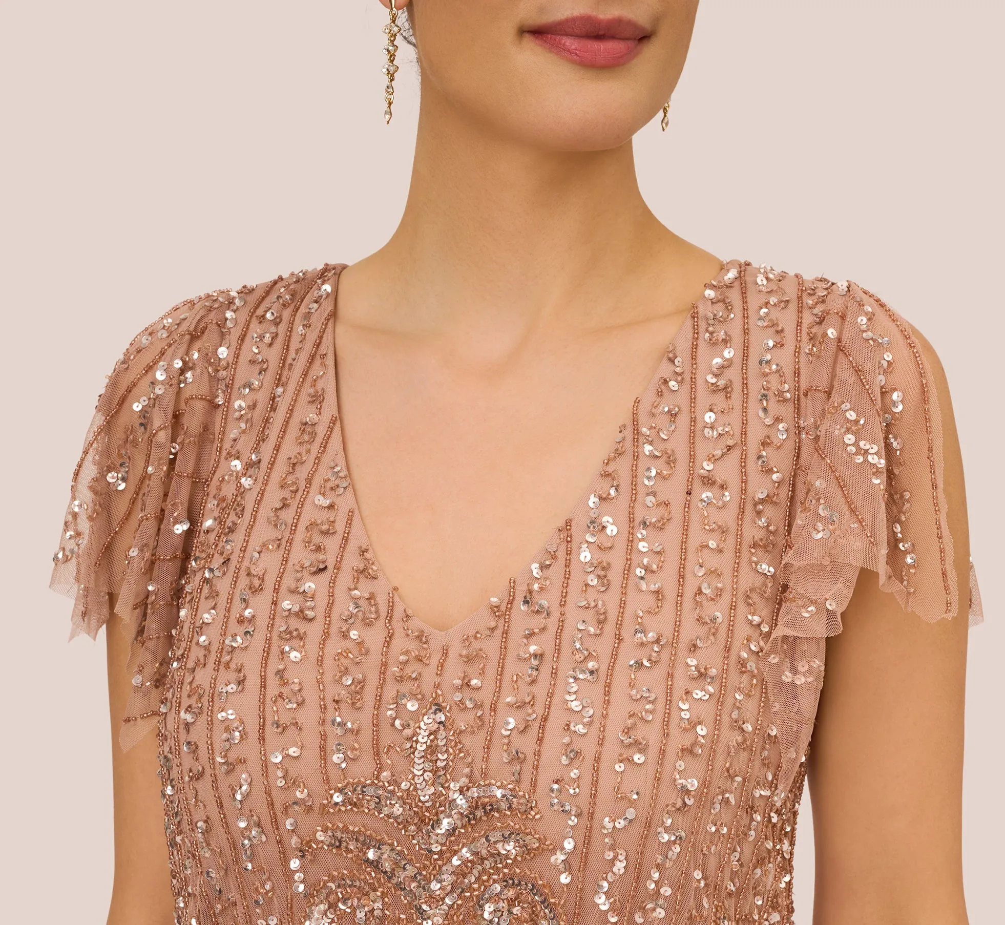 Fleur Beaded Blouson Gown With Sheer Short Sleeves In Rose Gold sold by Adrianna Papell product image thumbnail 3