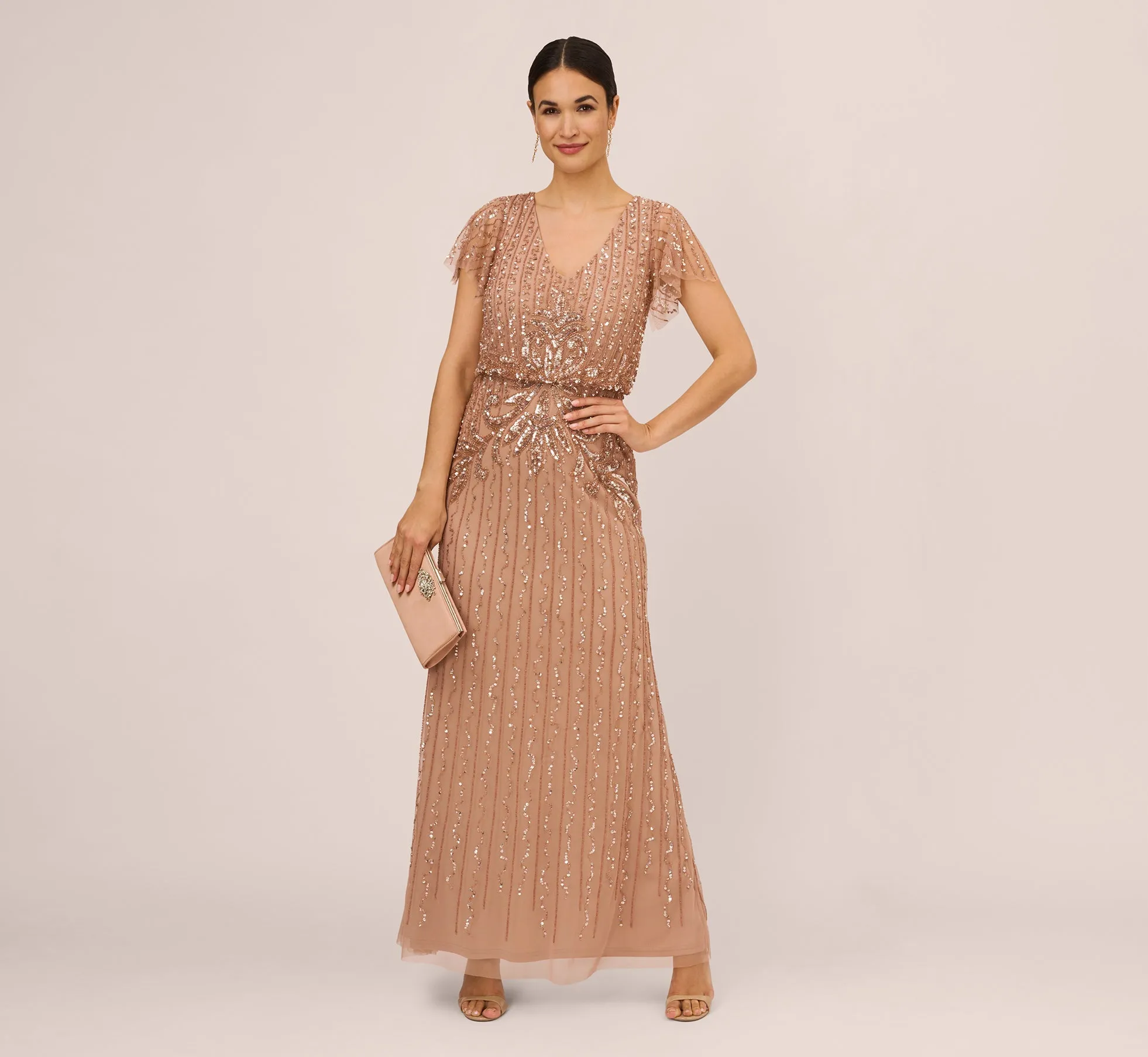 Fleur Beaded Blouson Gown With Sheer Short Sleeves In Rose Gold sold by Adrianna Papell product image thumbnail 2