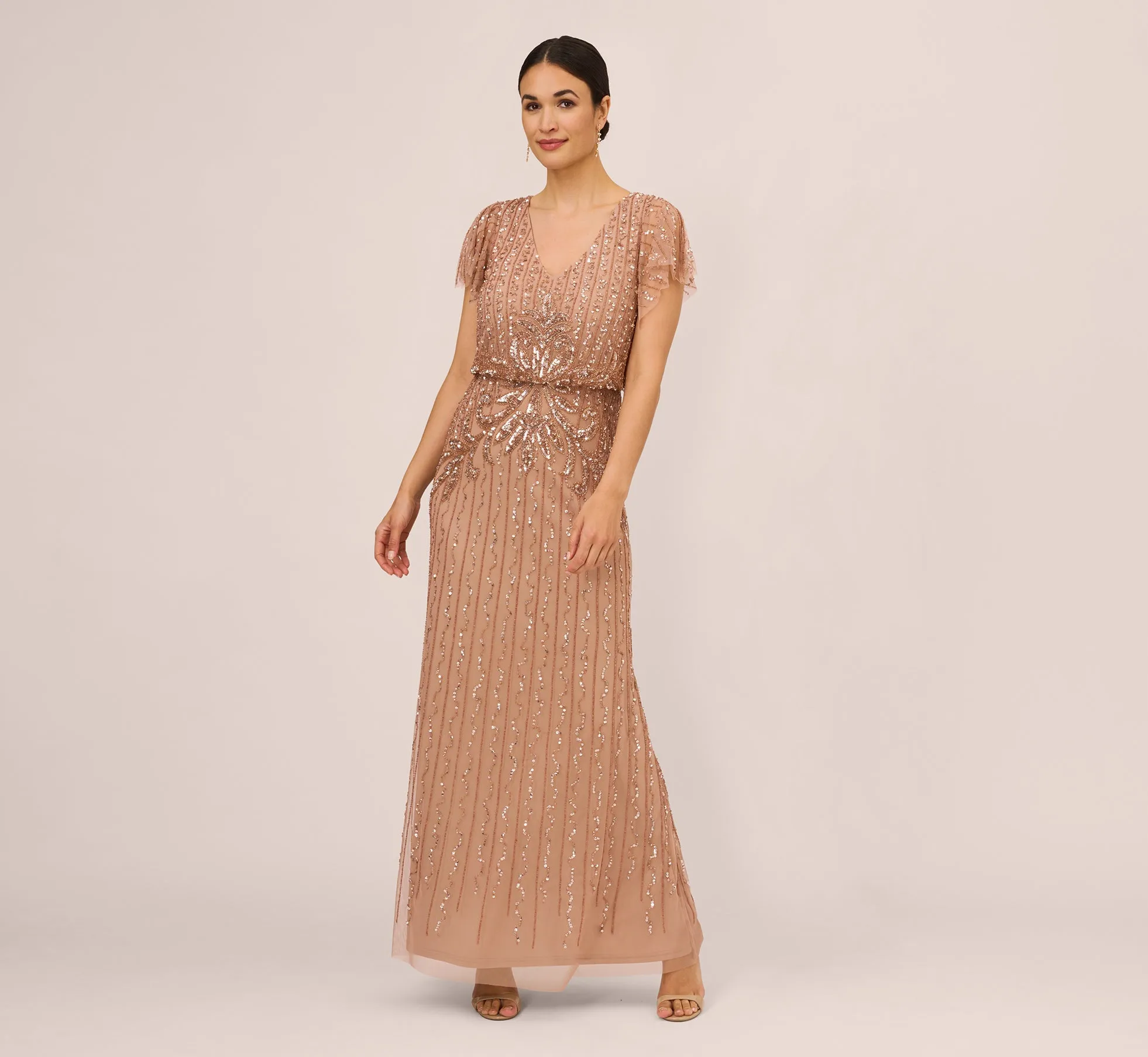 Fleur Beaded Blouson Gown With Sheer Short Sleeves In Rose Gold sold by Adrianna Papell