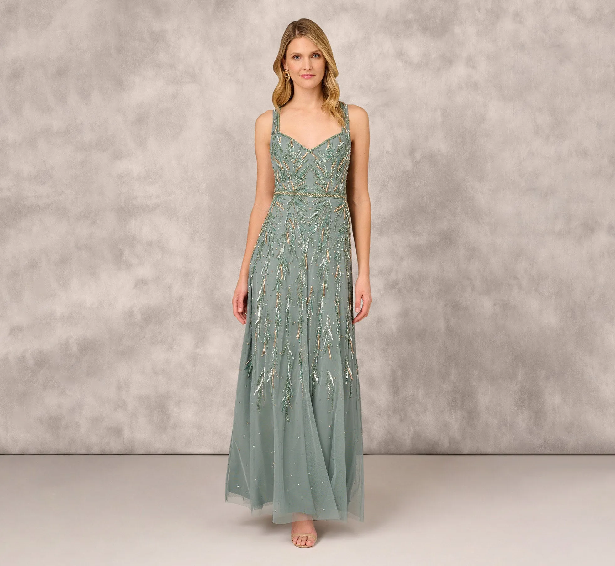 Multicolor Beaded Mermaid Gown With Sweetheart Neckline In Dark Sage sold by Adrianna Papell