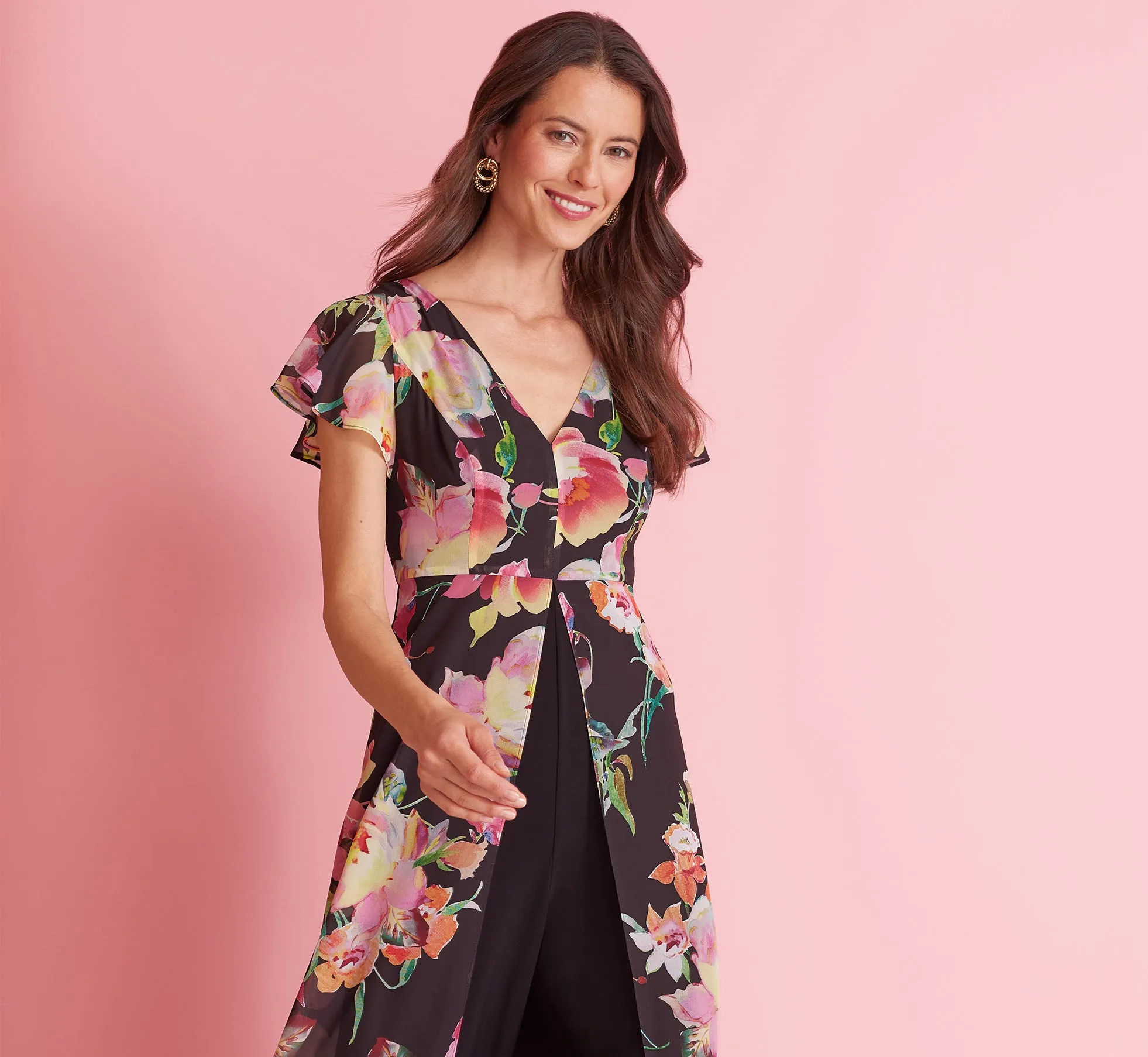 Floral Print Cropped Jumpsuit With Skirt Overlay In Black Multi sold by Adrianna Papell product image thumbnail 2