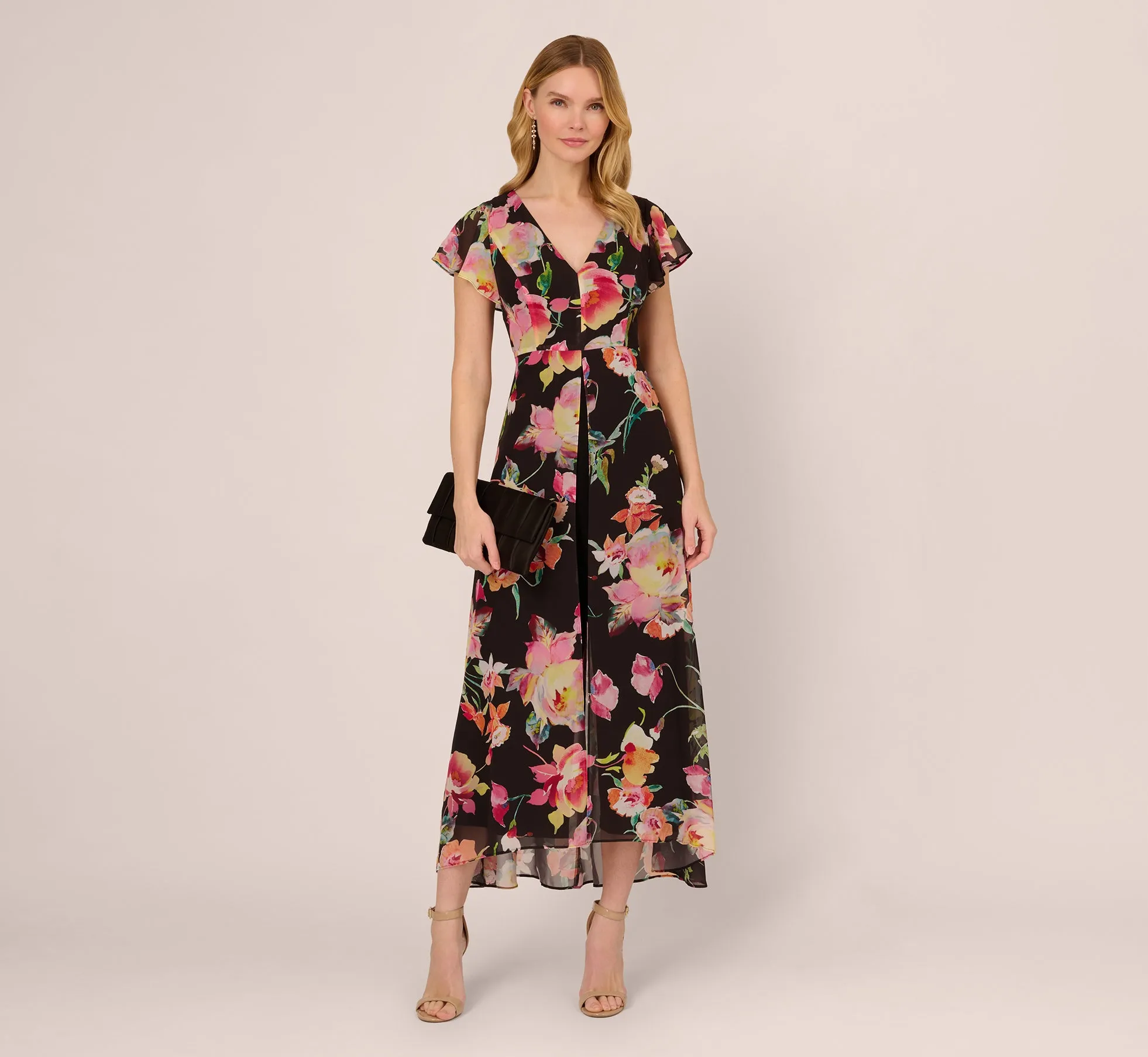 Floral Print Cropped Jumpsuit With Skirt Overlay In Black Multi sold by Adrianna Papell product image thumbnail 3