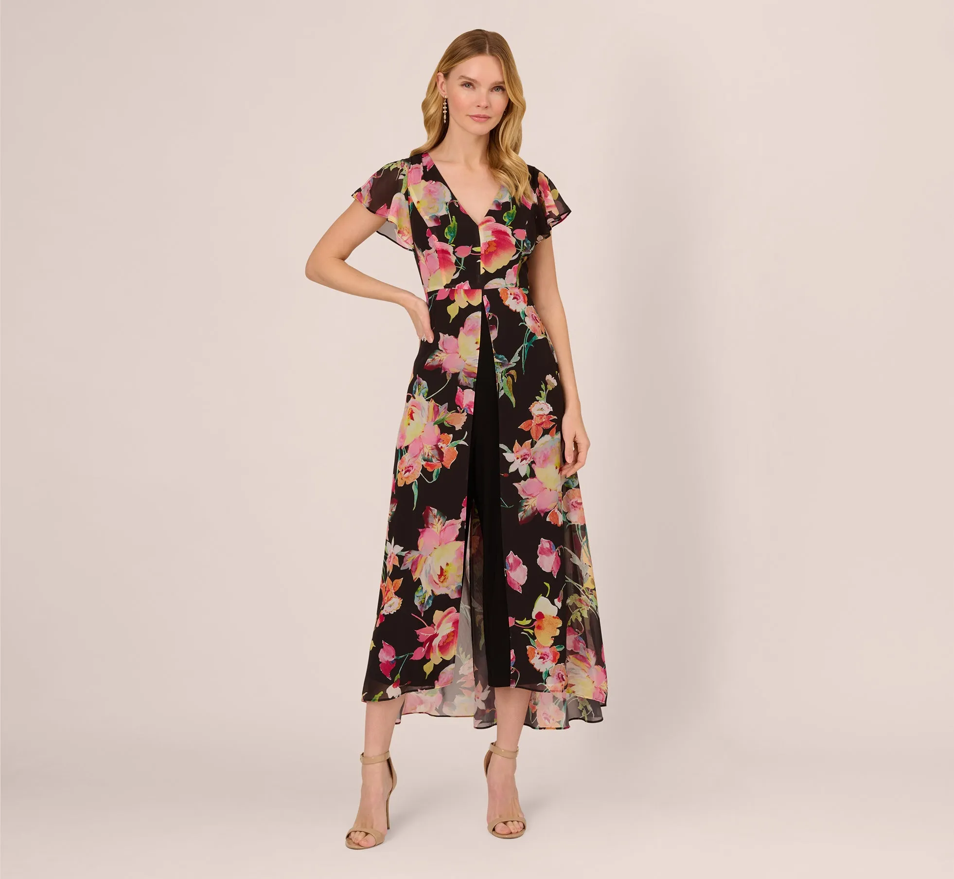 Floral Print Cropped Jumpsuit With Skirt Overlay In Black Multi sold by Adrianna Papell
