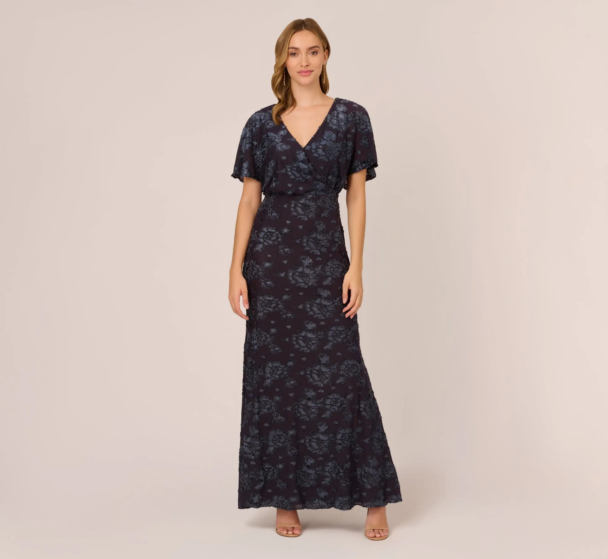 Floral Burnout Velvet Long Blouson Gown In Midnight sold by Adrianna Papell