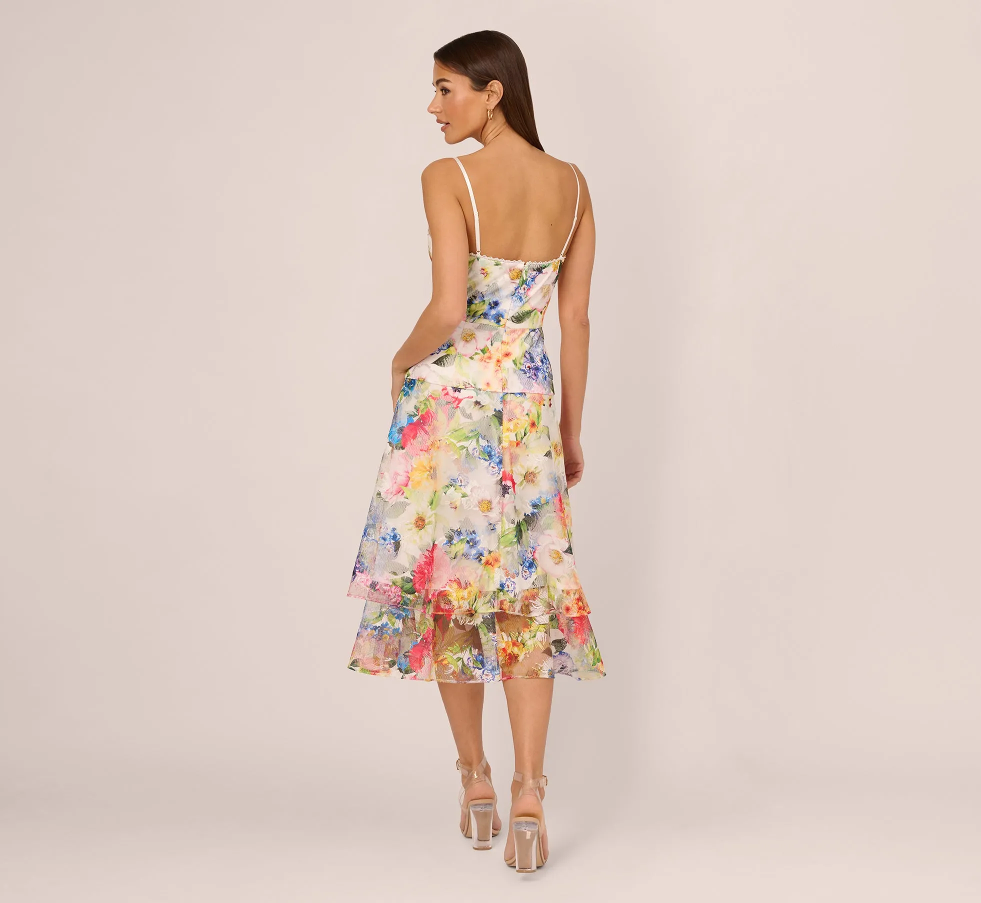 Embroidered Floral Print Midi Dress With Tiered Skirt In Ivory Multi sold by Adrianna Papell product image thumbnail 4