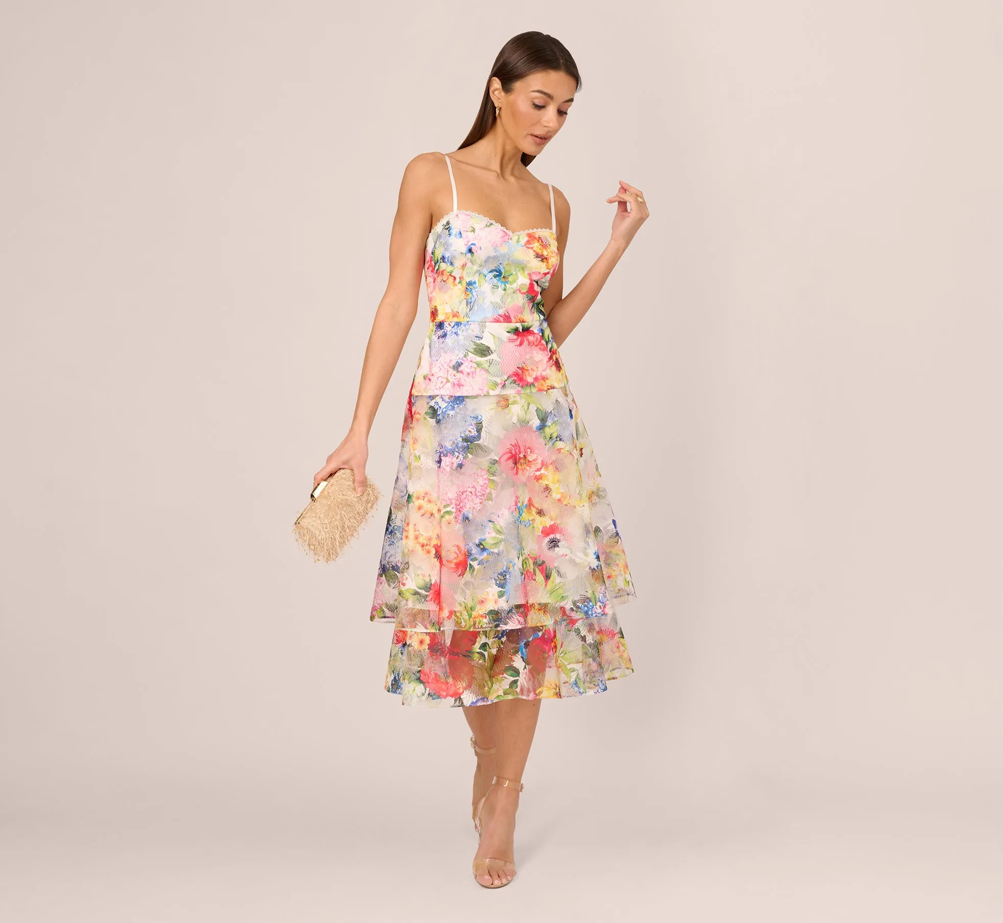 Embroidered Floral Print Midi Dress With Tiered Skirt In Ivory Multi sold by Adrianna Papell product image thumbnail 2