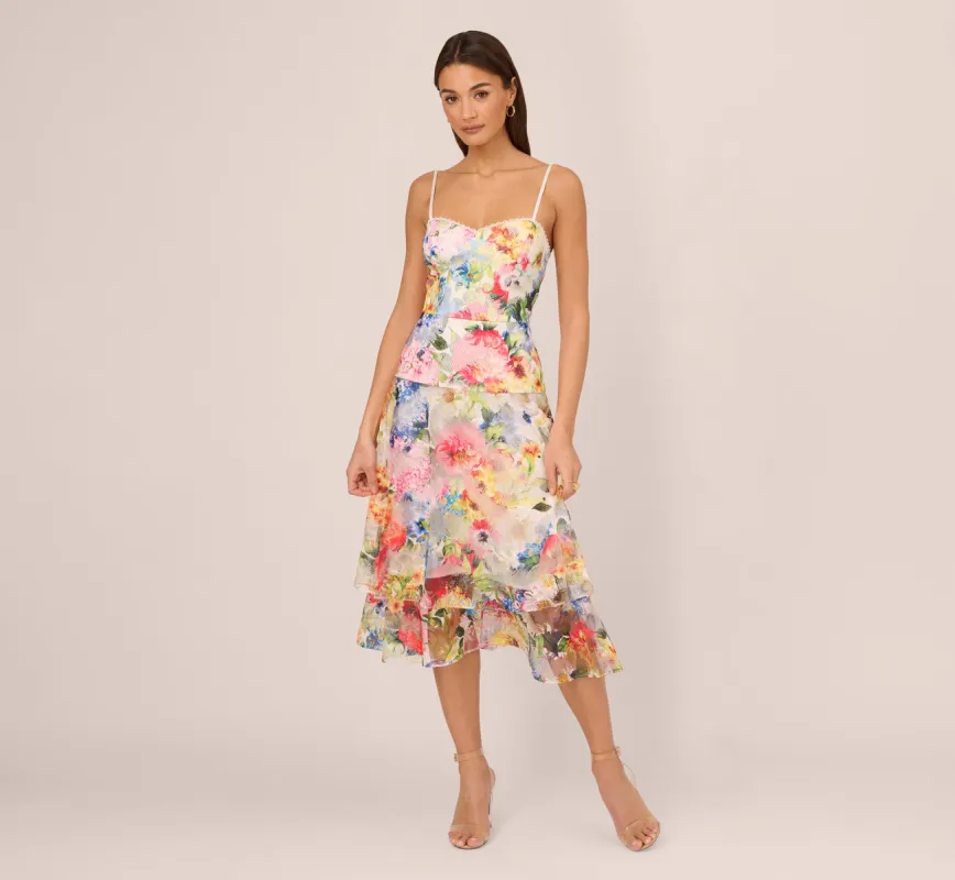 Embroidered Floral Print Midi Dress With Tiered Skirt In Ivory Multi sold by Adrianna Papell