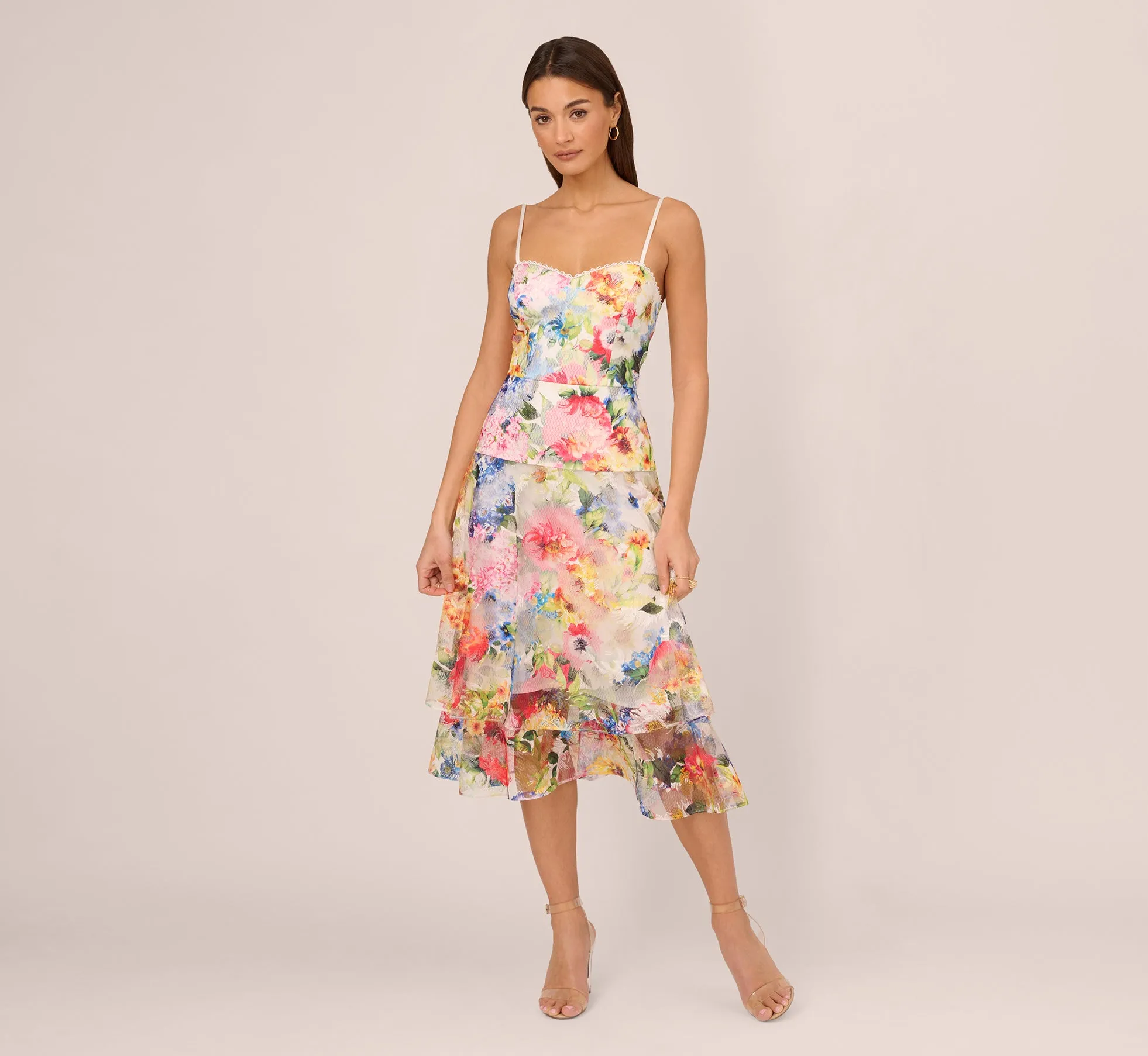 Embroidered Floral Print Midi Dress With Tiered Skirt In Ivory Multi sold by Adrianna Papell