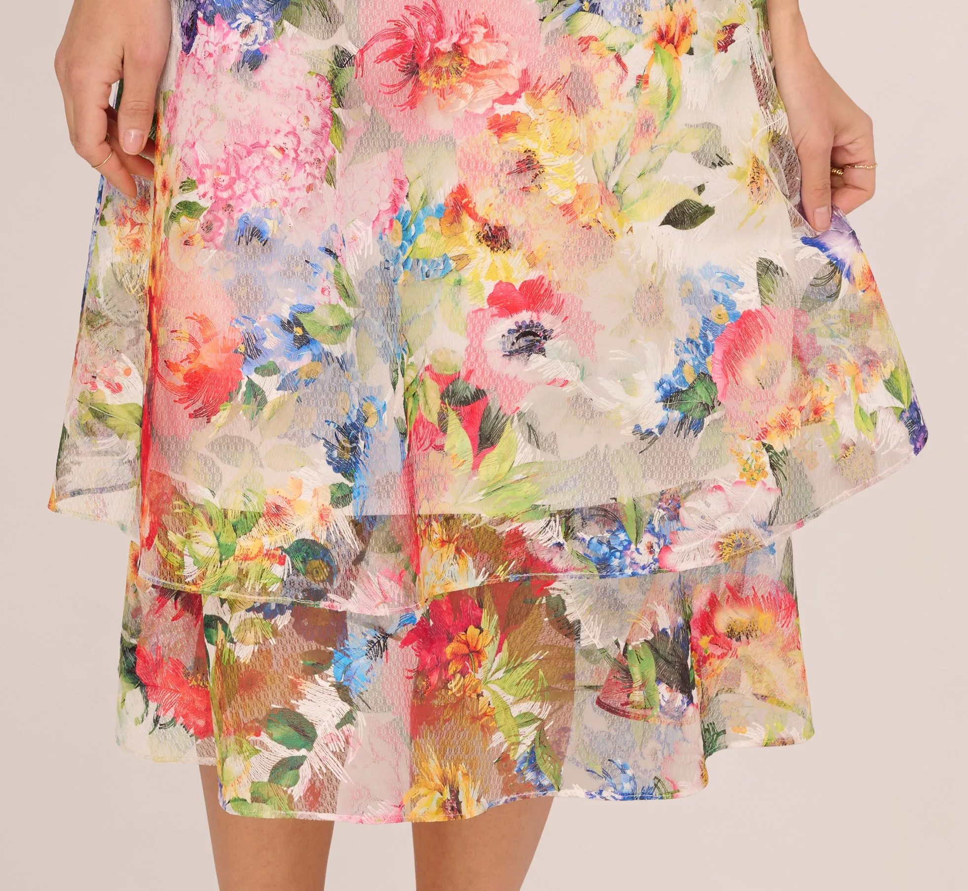 Embroidered Floral Print Midi Dress With Tiered Skirt In Ivory Multi sold by Adrianna Papell product image thumbnail 5