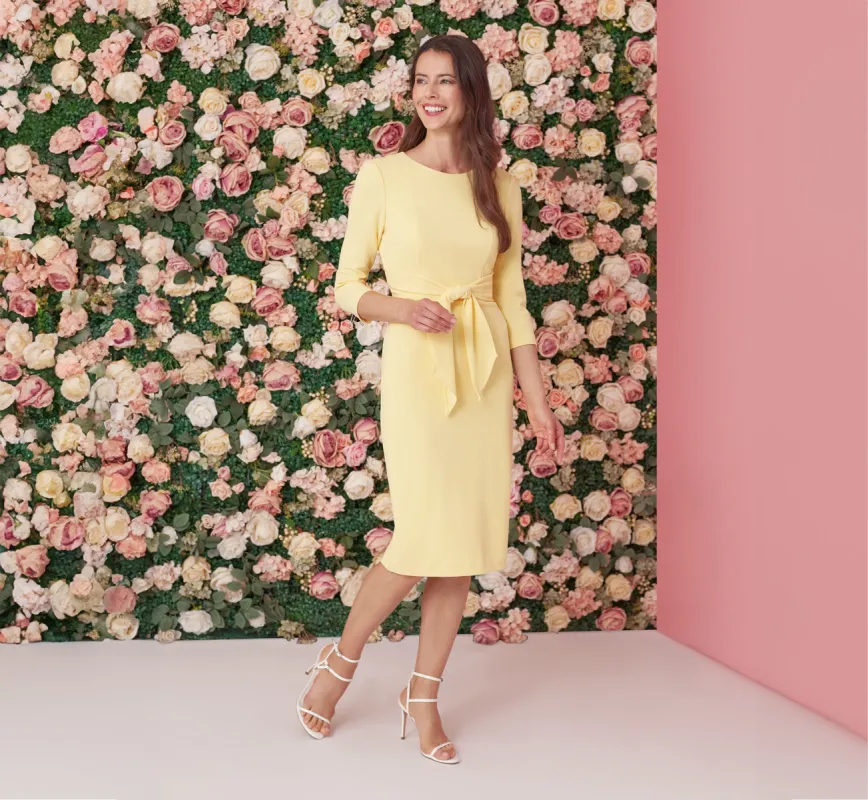 Knit Crepe Bow Sheath Dress With Three Quarter Sleeves In Warm Sun sold by Adrianna Papell