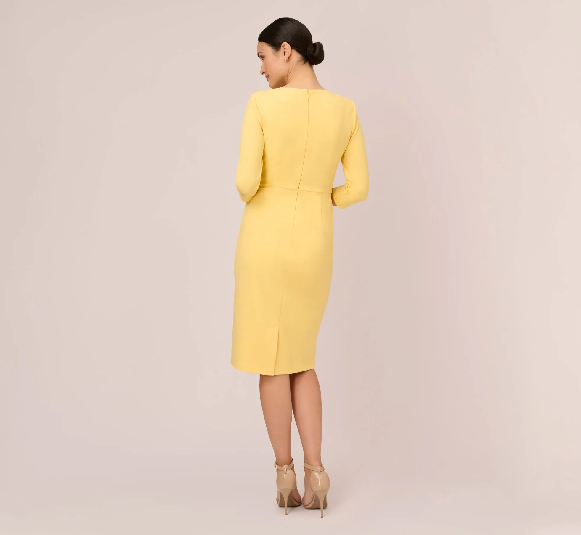 Knit Crepe Bow Sheath Dress With Three Quarter Sleeves In Warm Sun sold by Adrianna Papell product image thumbnail 4